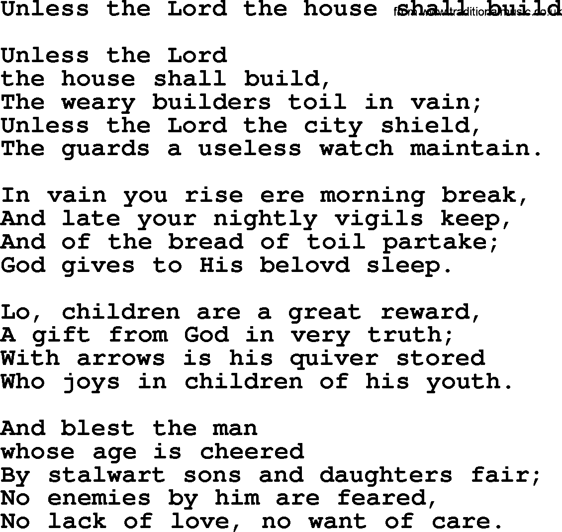 Presbyterian Hymns collection, Hymn: Unless The Lord The House Shall Build, lyrics and PDF