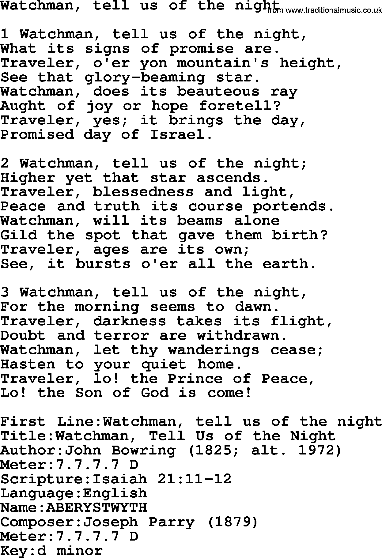 Presbyterian Hymns collection, Hymn: Watchman, Tell Us Of The Night, lyrics and PDF