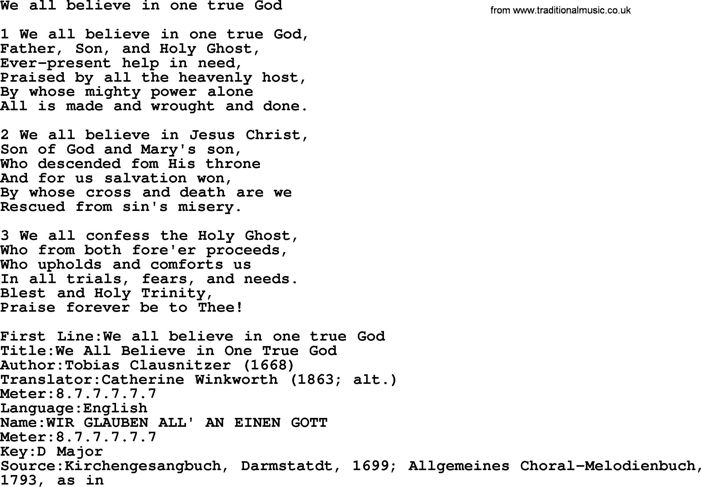 Presbyterian Hymns collection, Hymn: We All Believe In One True God, lyrics and PDF
