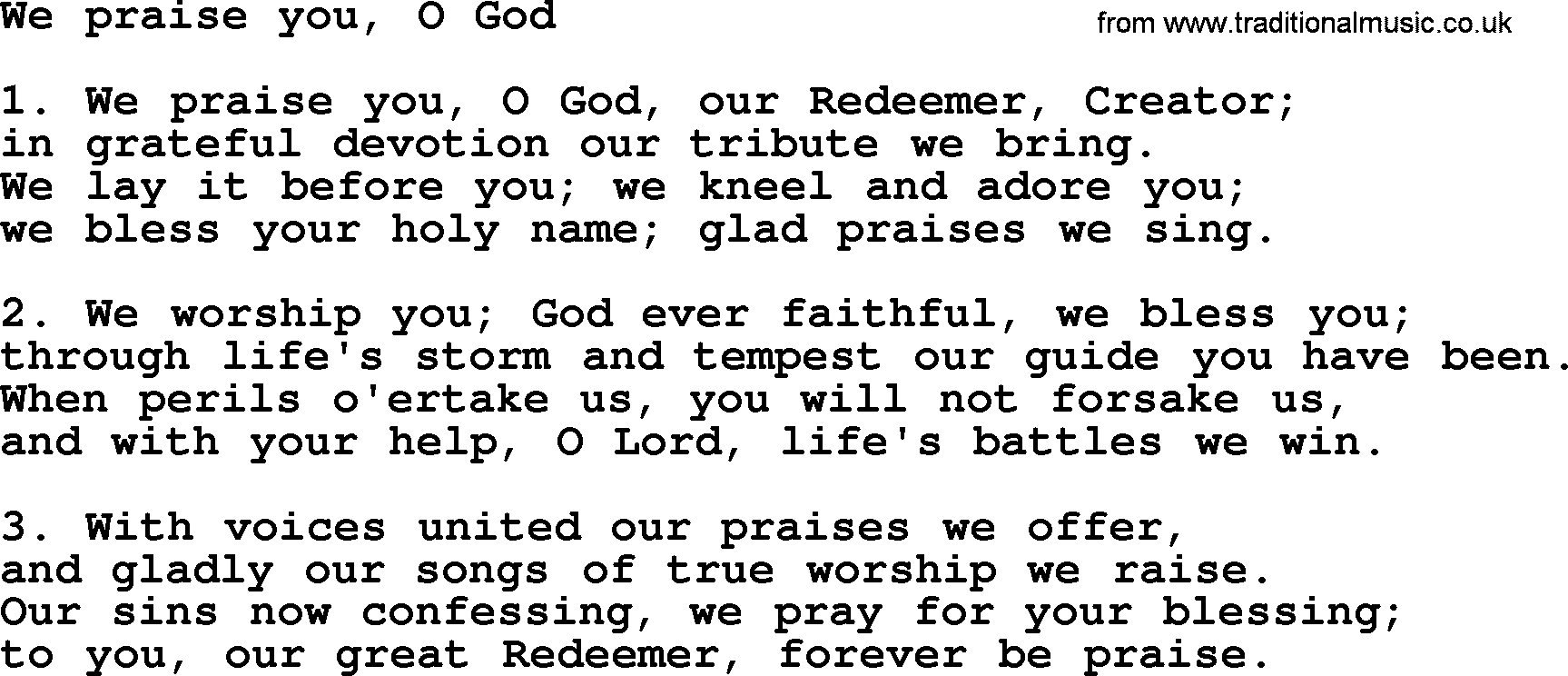 Presbyterian Hymns collection, Hymn: We Praise You, O God, lyrics and PDF