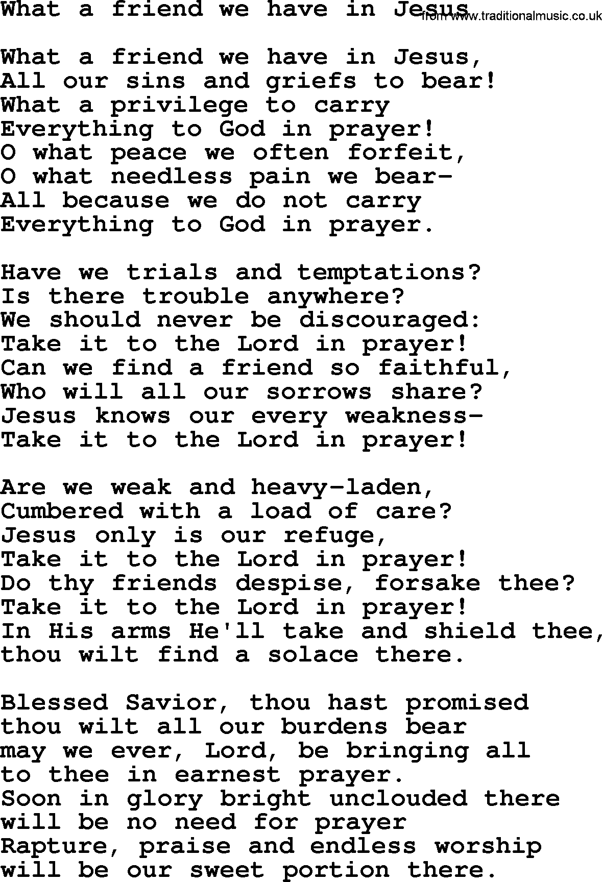 Presbyterian Hymns collection, Hymn: What A Friend We Have In Jesus, lyrics and PDF
