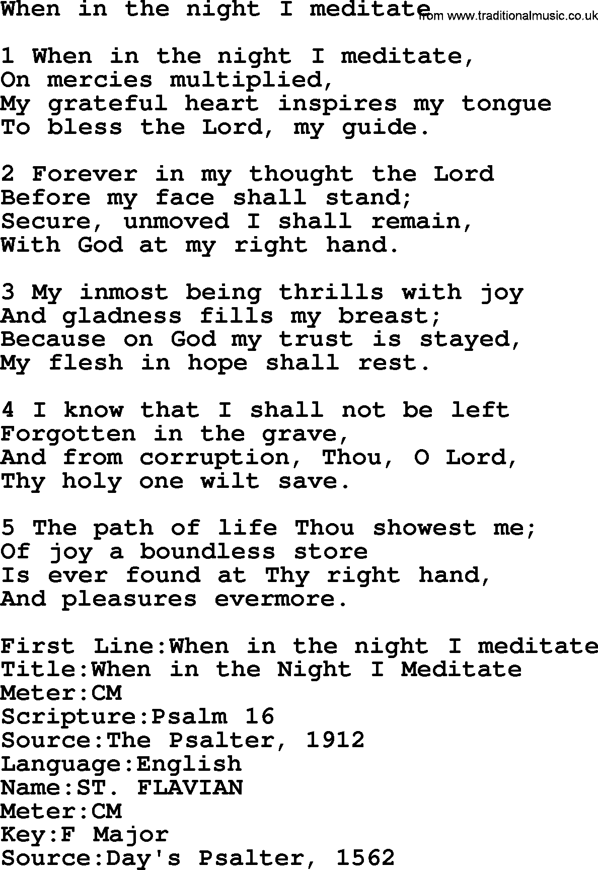 Presbyterian Hymns collection, Hymn: When In The Night I Meditate, lyrics and PDF