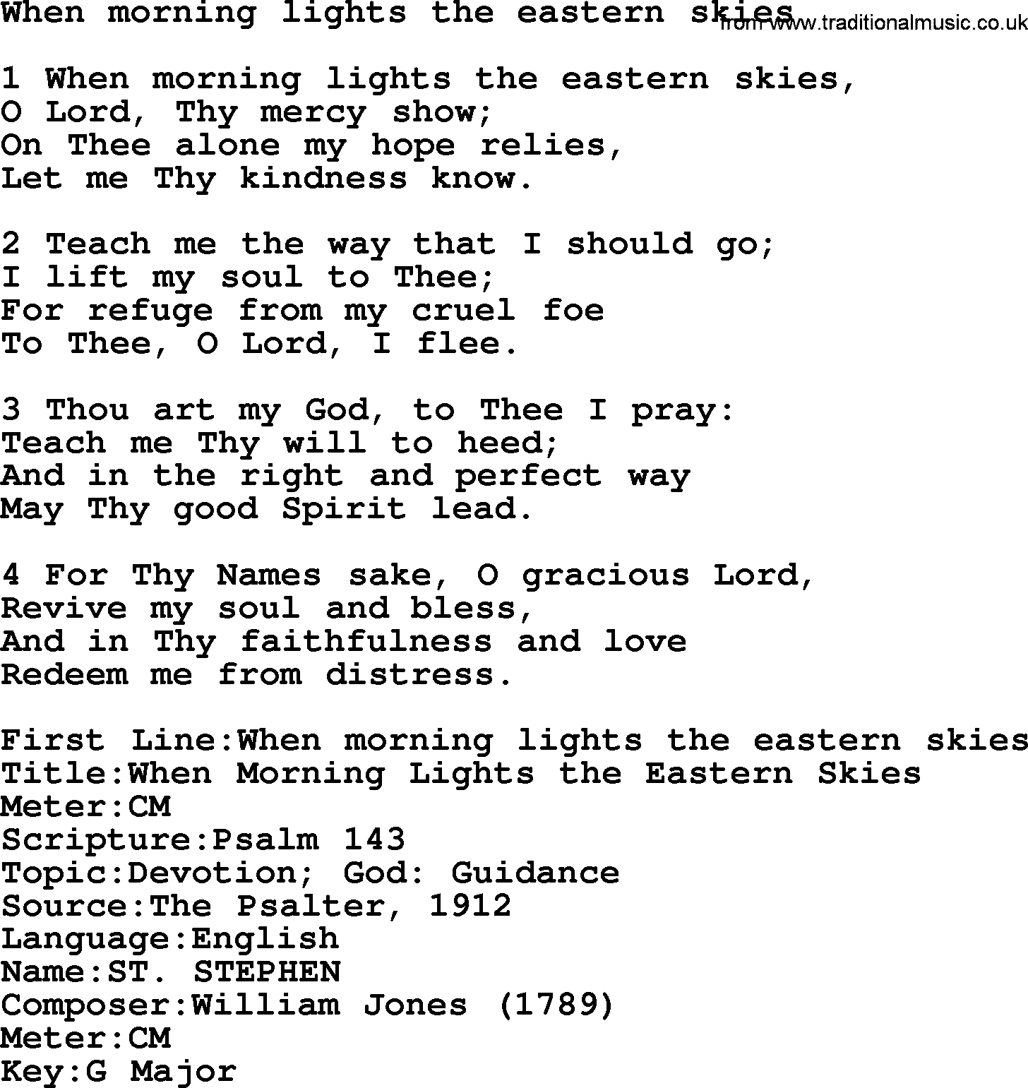 Presbyterian Hymns collection, Hymn: When Morning Lights The Eastern Skies, lyrics and PDF