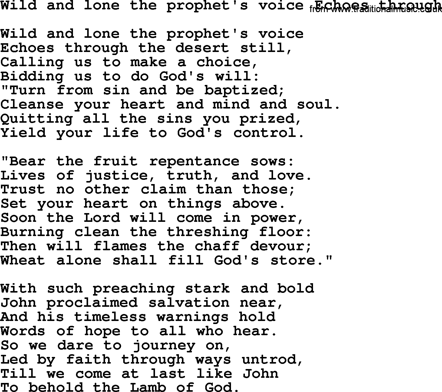 Presbyterian Hymns collection, Hymn: Wild And Lone The Prophet's Voice Echoes Through, lyrics and PDF