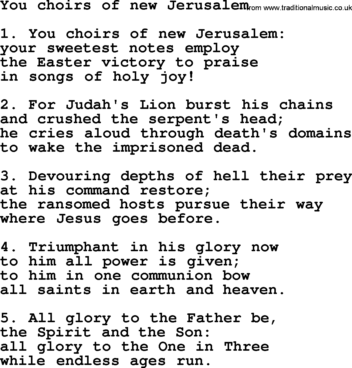 Presbyterian Hymns collection, Hymn: You Choirs Of New Jerusalem, lyrics and PDF