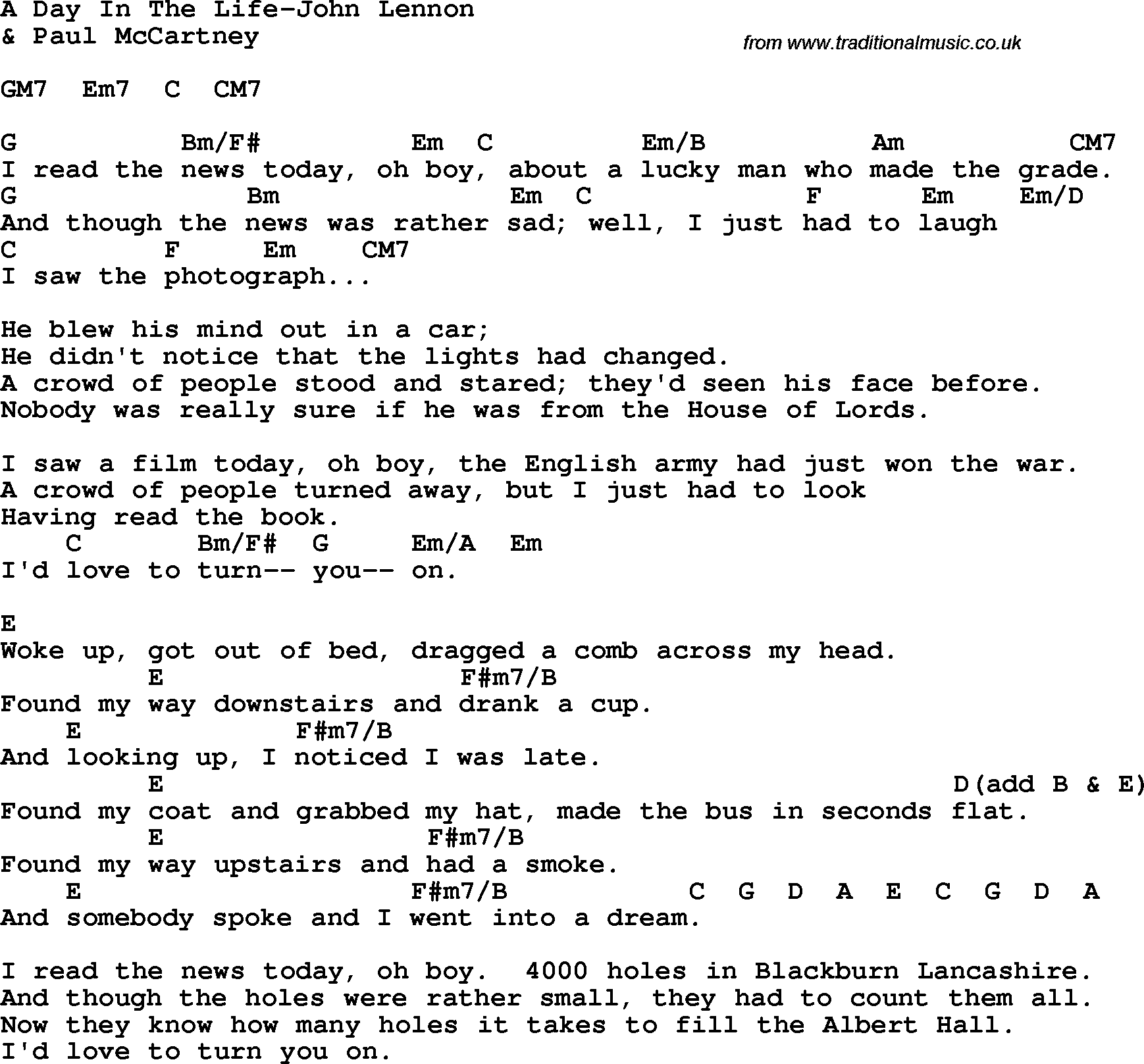 Protest Song A Day In The Life-John Lennon lyrics and chords