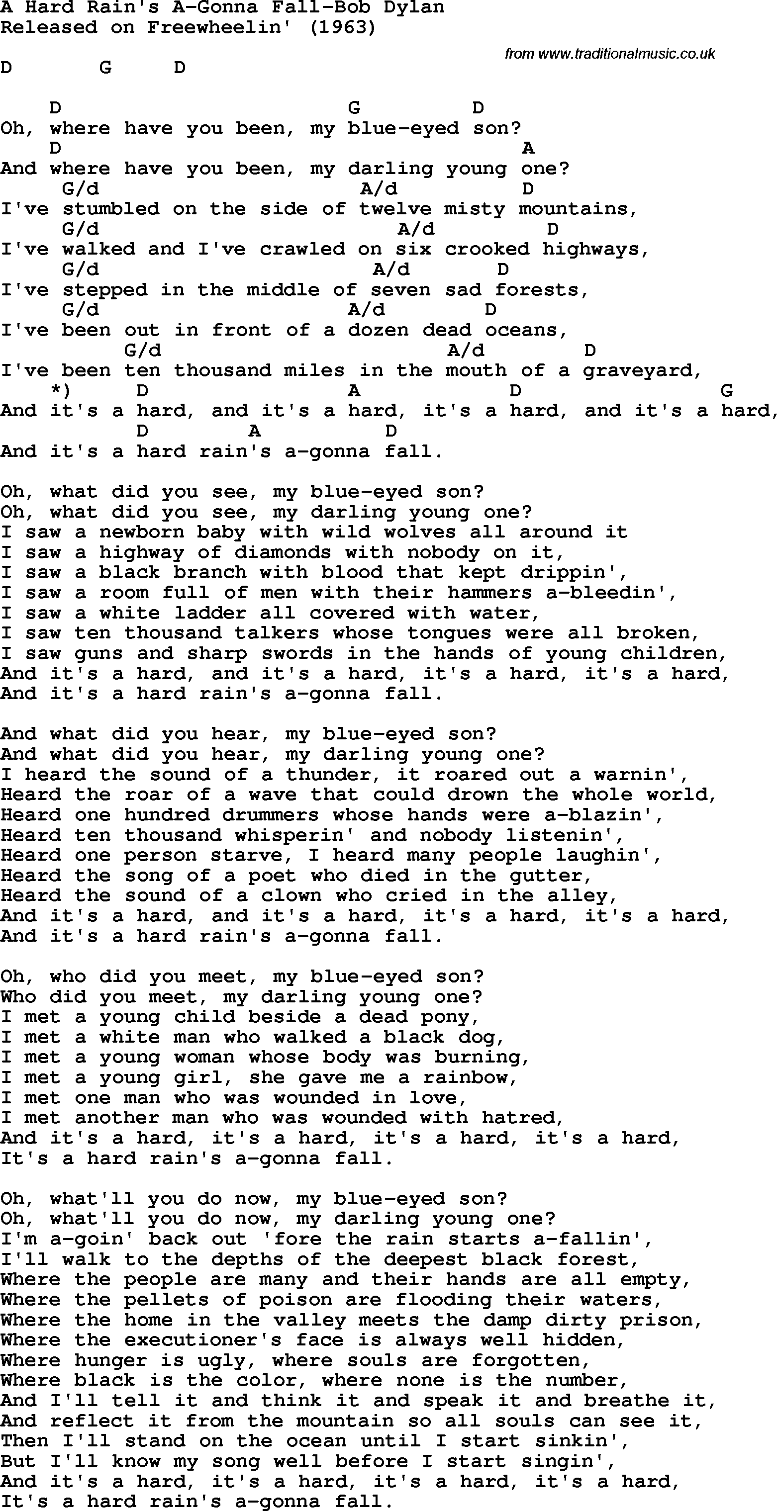 Protest Song A Hard Rain's A-Gonna Fall-Bob Dylan lyrics and chords