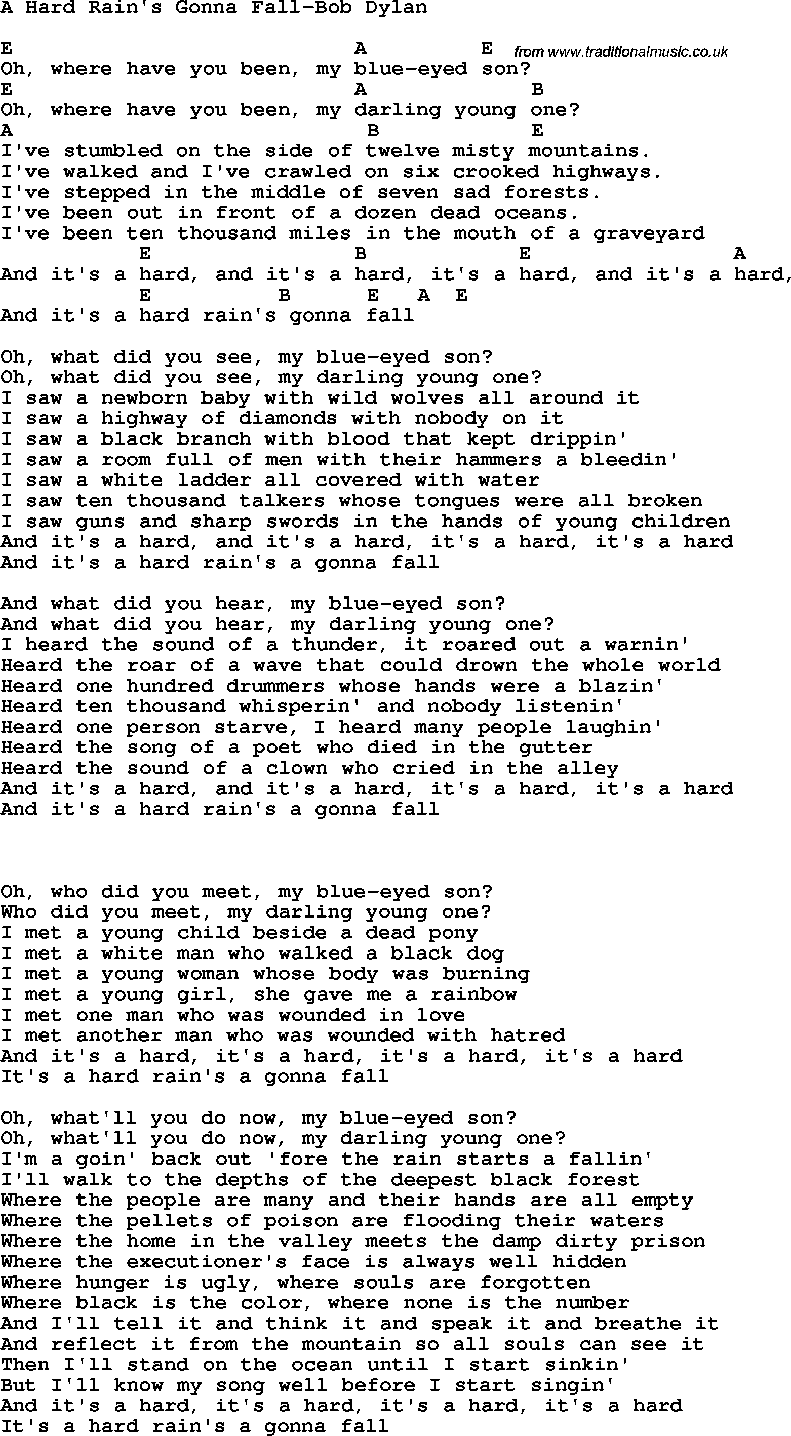 Protest Song A Hard Rain's Gonna Fall-Bob Dylan lyrics and chords