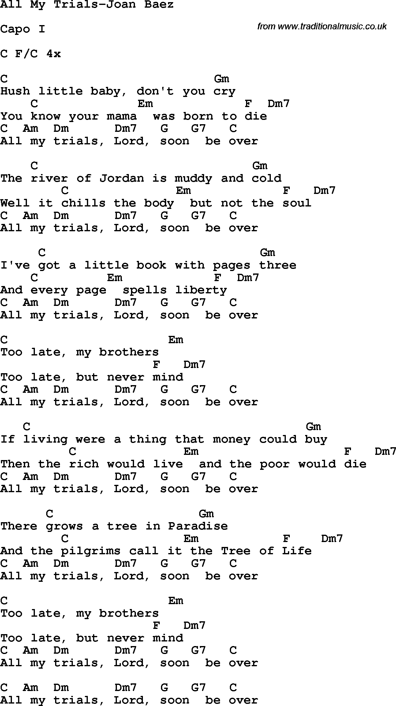 Protest Song All My Trials-Joan Baez lyrics and chords