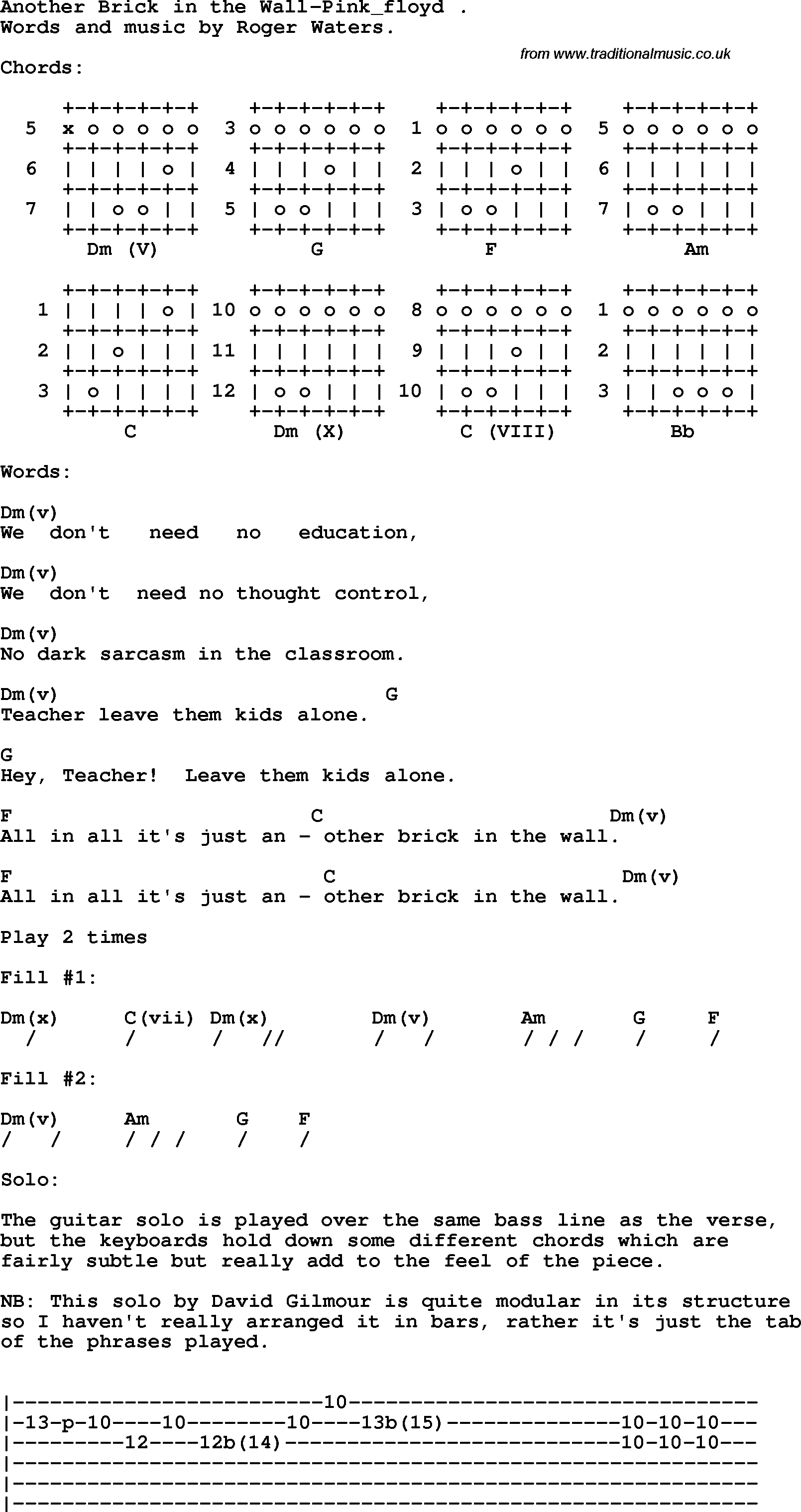Protest Song Another Brick In The Wall-Pink Floyd lyrics and chords