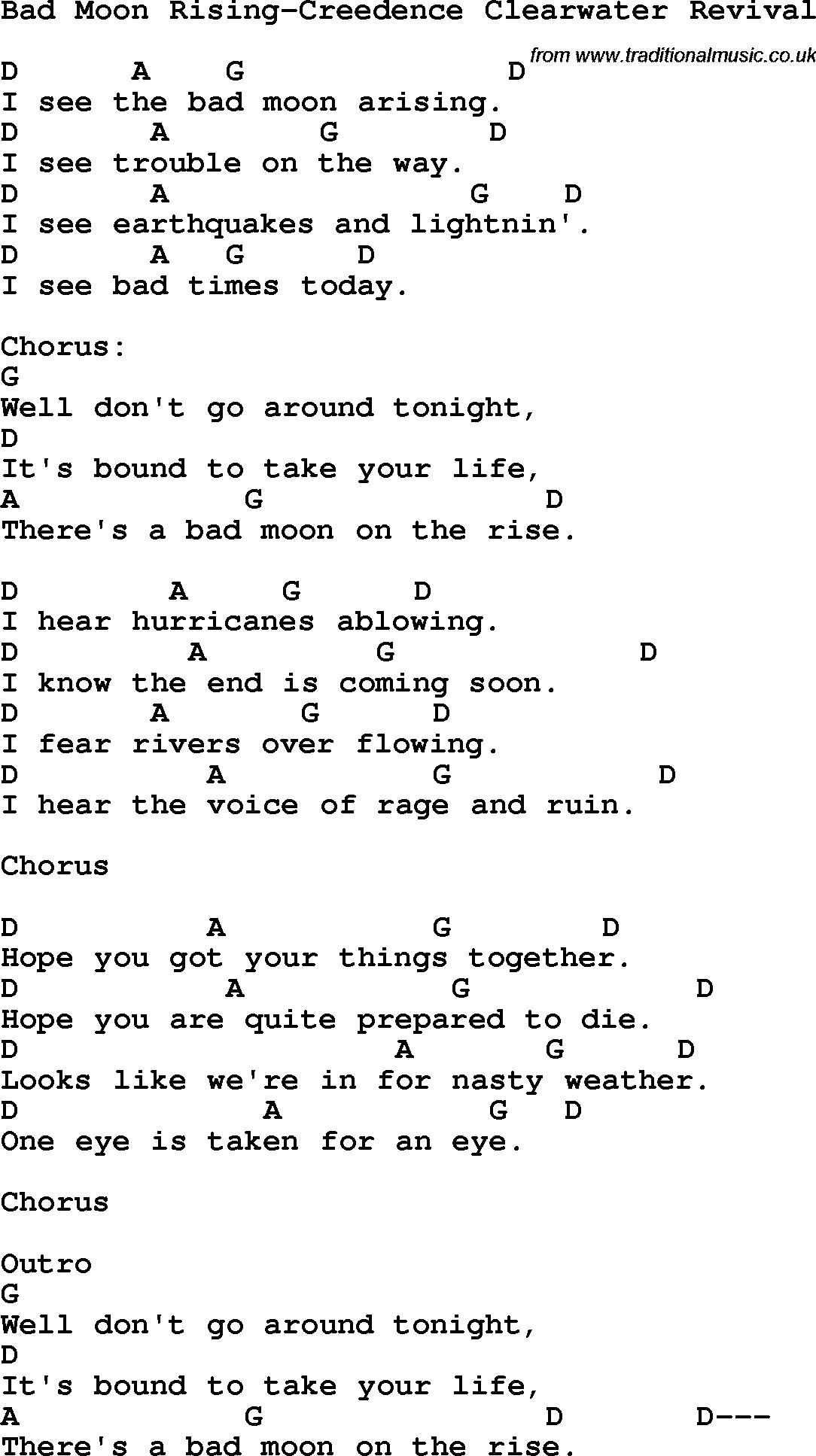 Protest Song Bad Moon Rising-Creedence Clearwater Revival lyrics and chords