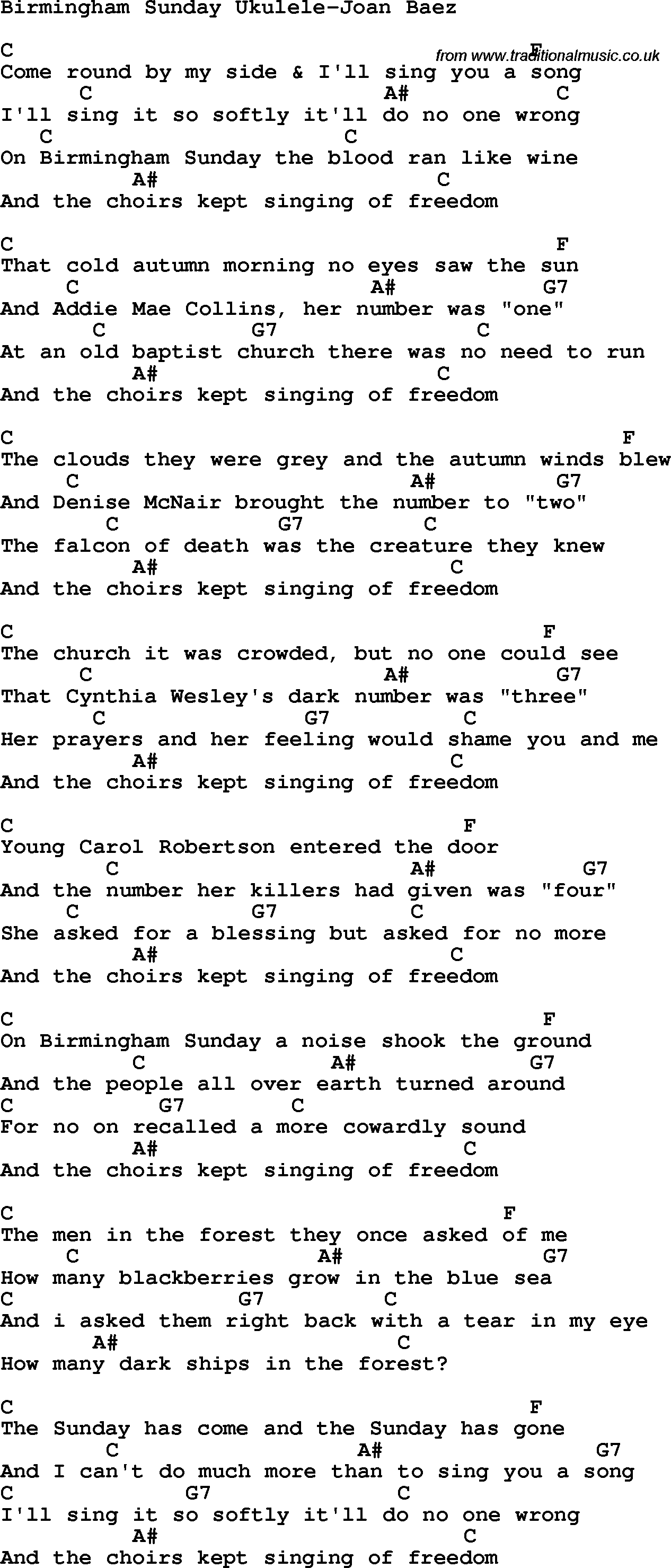 Protest Song Birmingham Sunday Ukulele-Joan Baez lyrics and chords