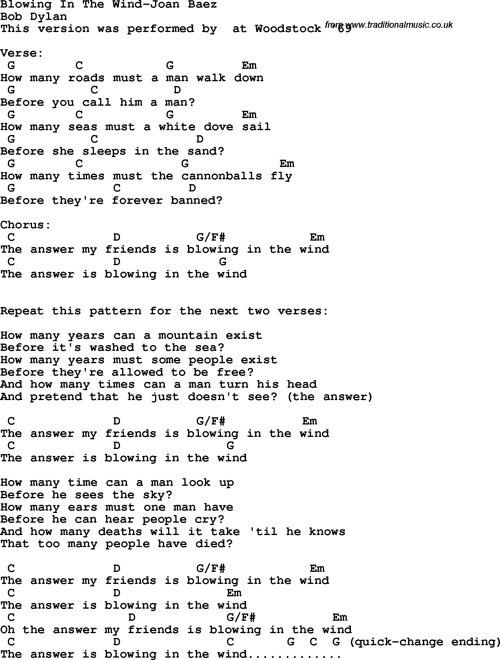 Protest Song Blowing In The Wind-Joan Baez lyrics and chords