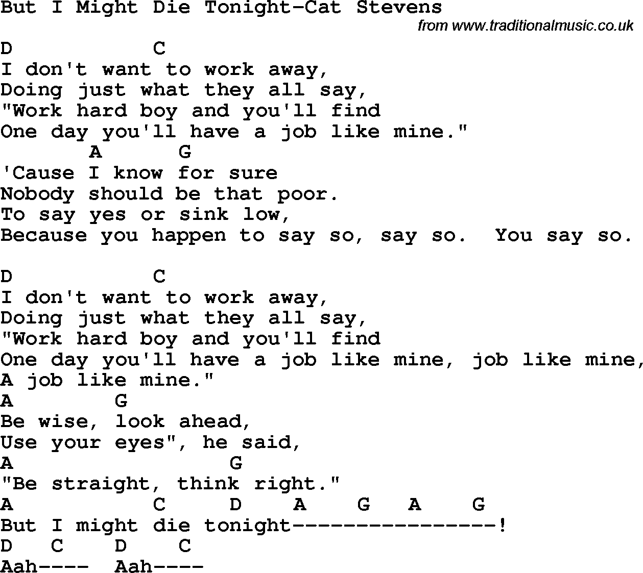 Protest Song But I Might Die Tonight-Cat Stevens lyrics and chords