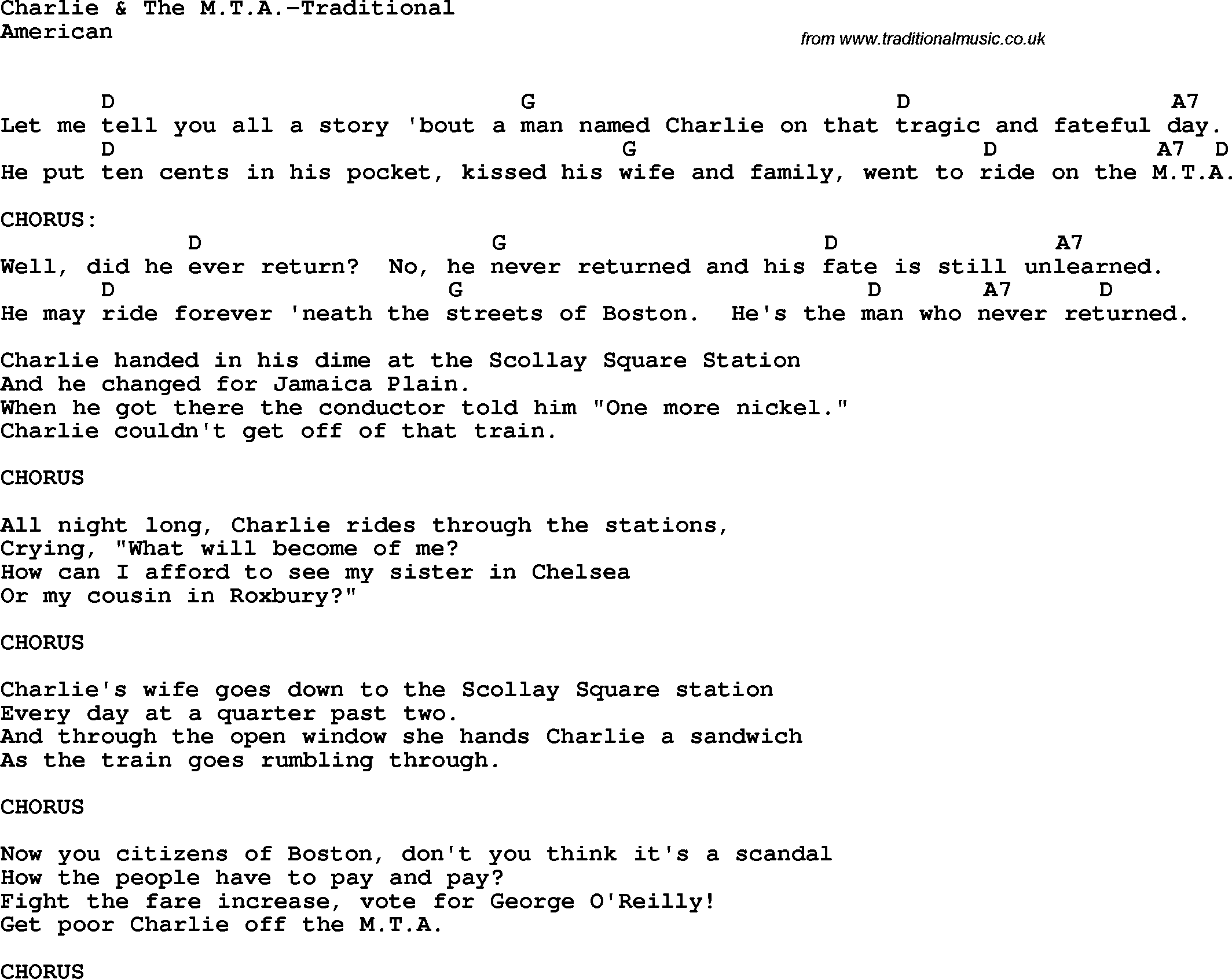 Protest Song Charlie & The M.t.a.-Traditional lyrics and chords