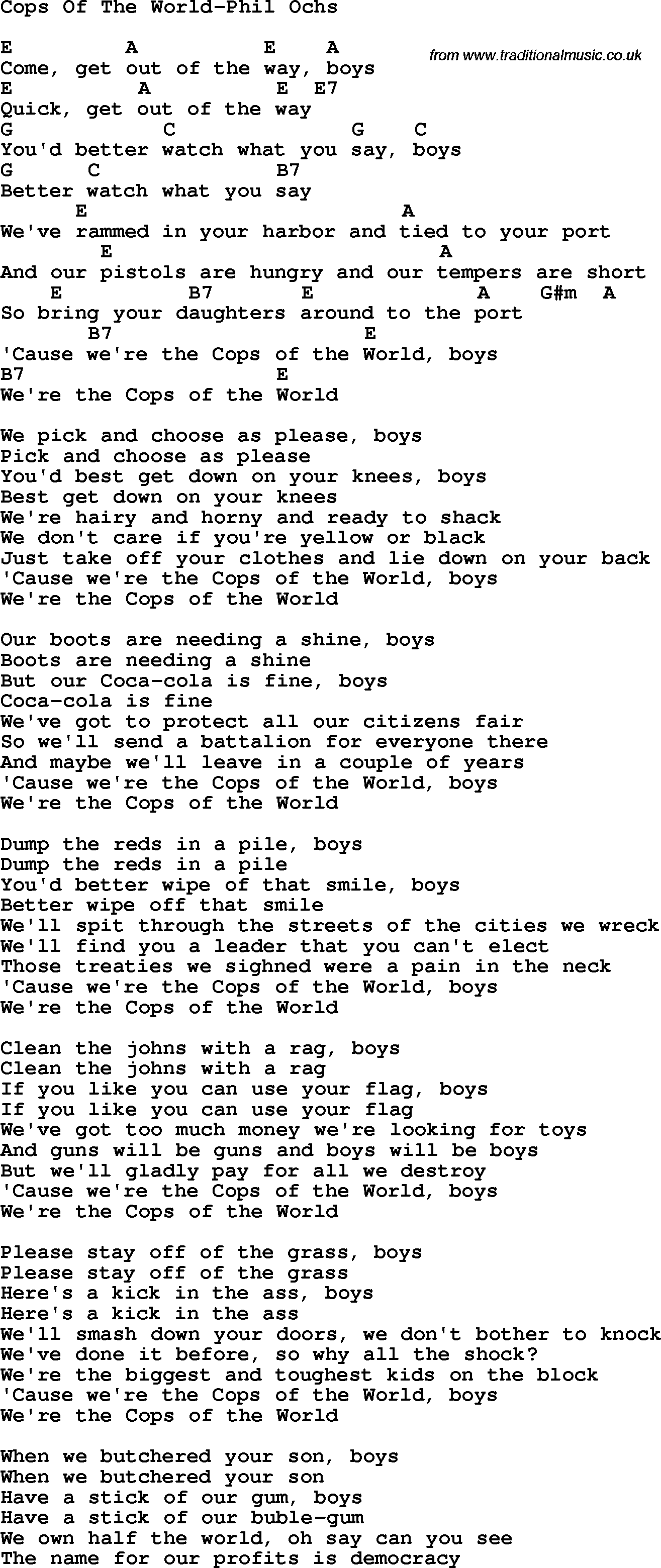 Protest Song Cops Of The World-Phil Ochs lyrics and chords