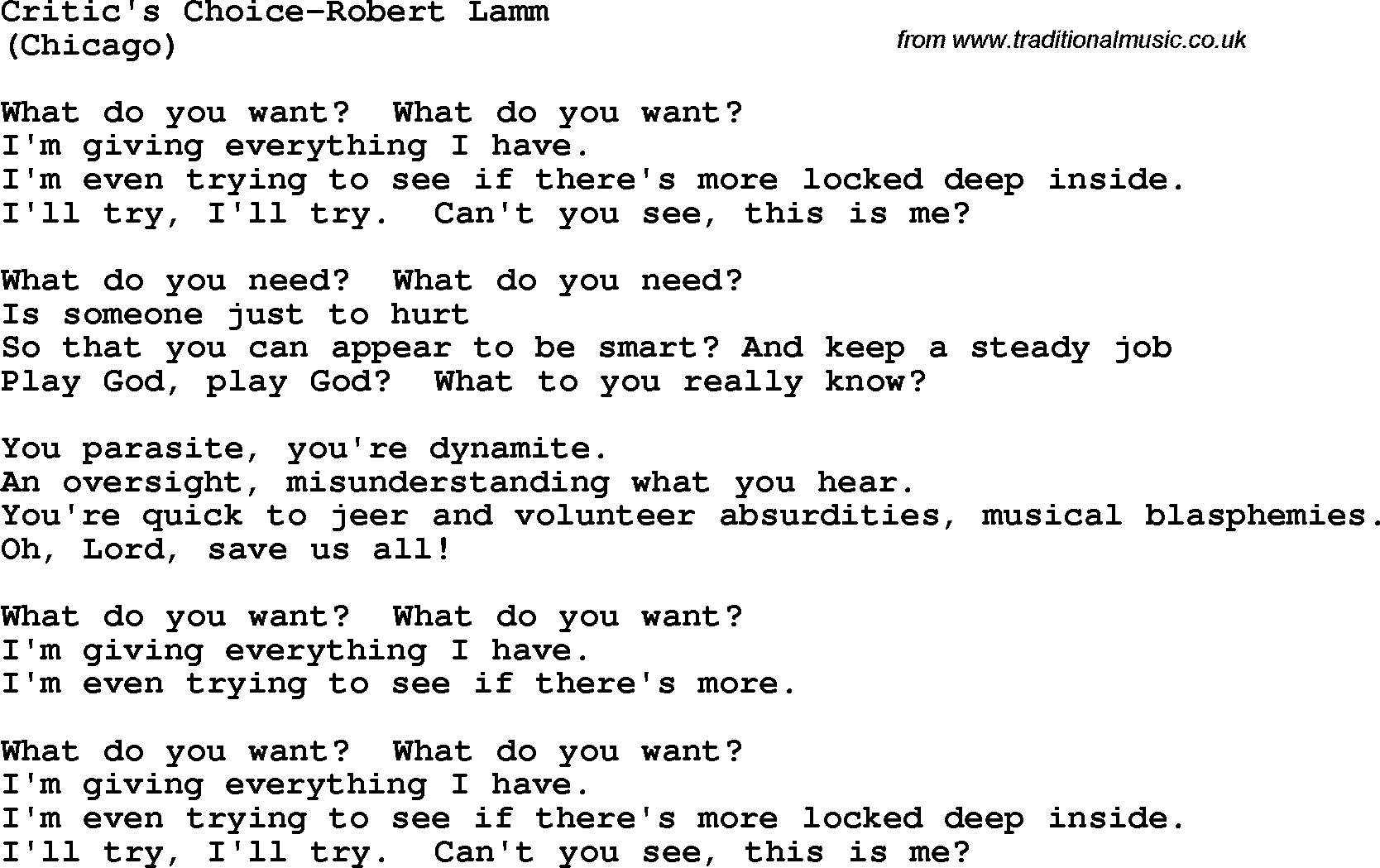 Protest Song Critic's Choice-Robert Lamm lyrics and chords
