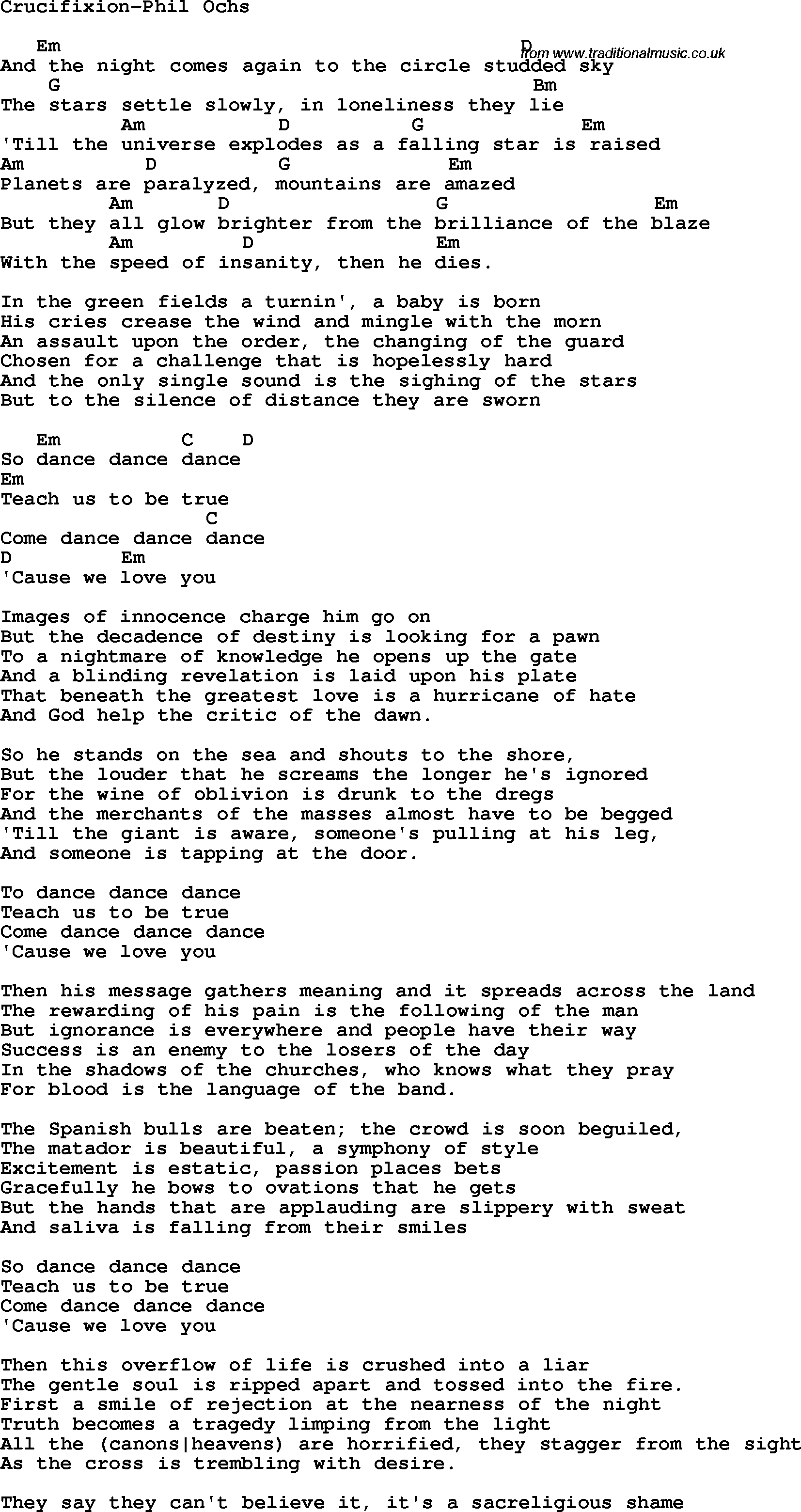Protest Song Crucifixion-Phil Ochs lyrics and chords
