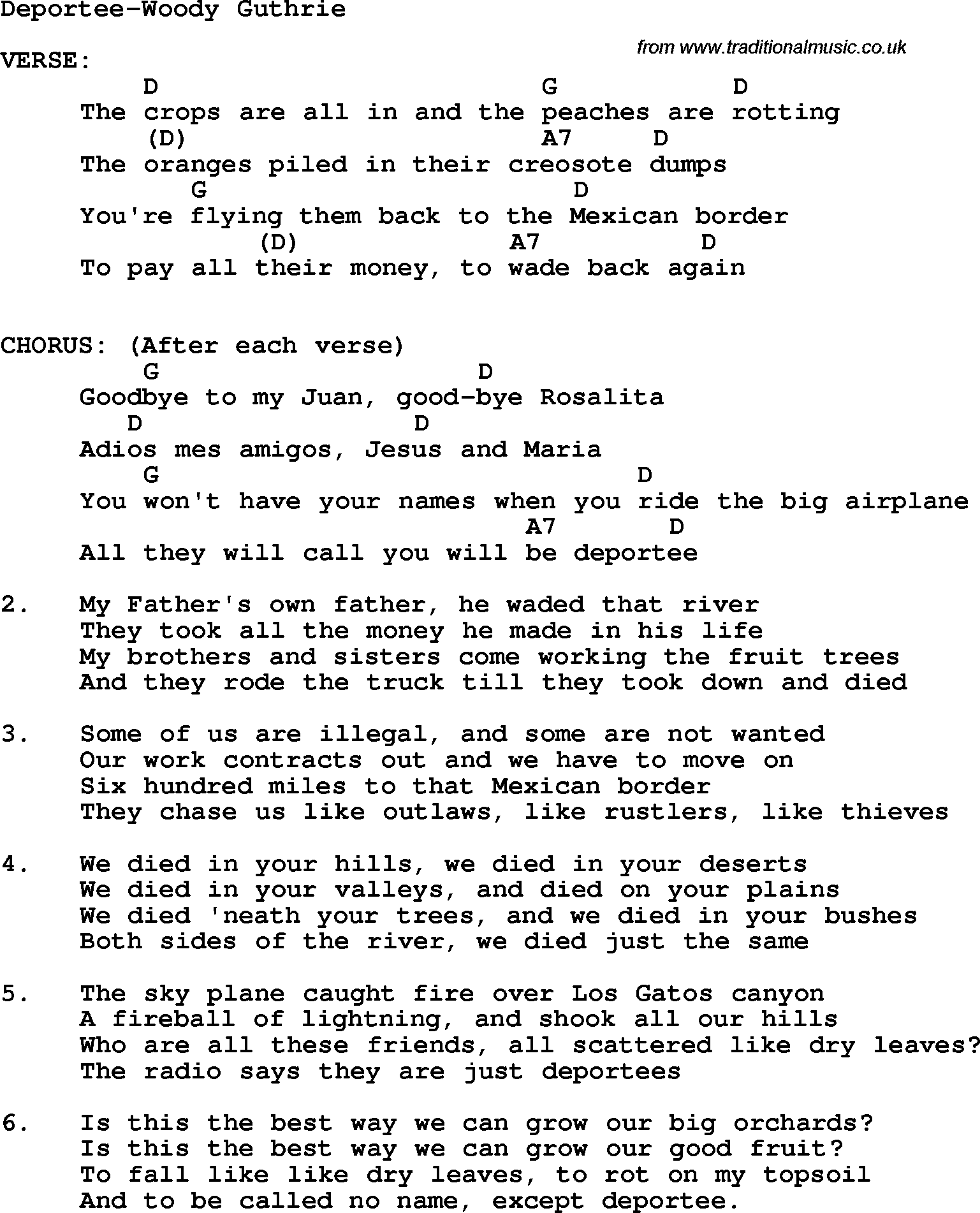 Protest Song Deportee-Woody Guthrie lyrics and chords