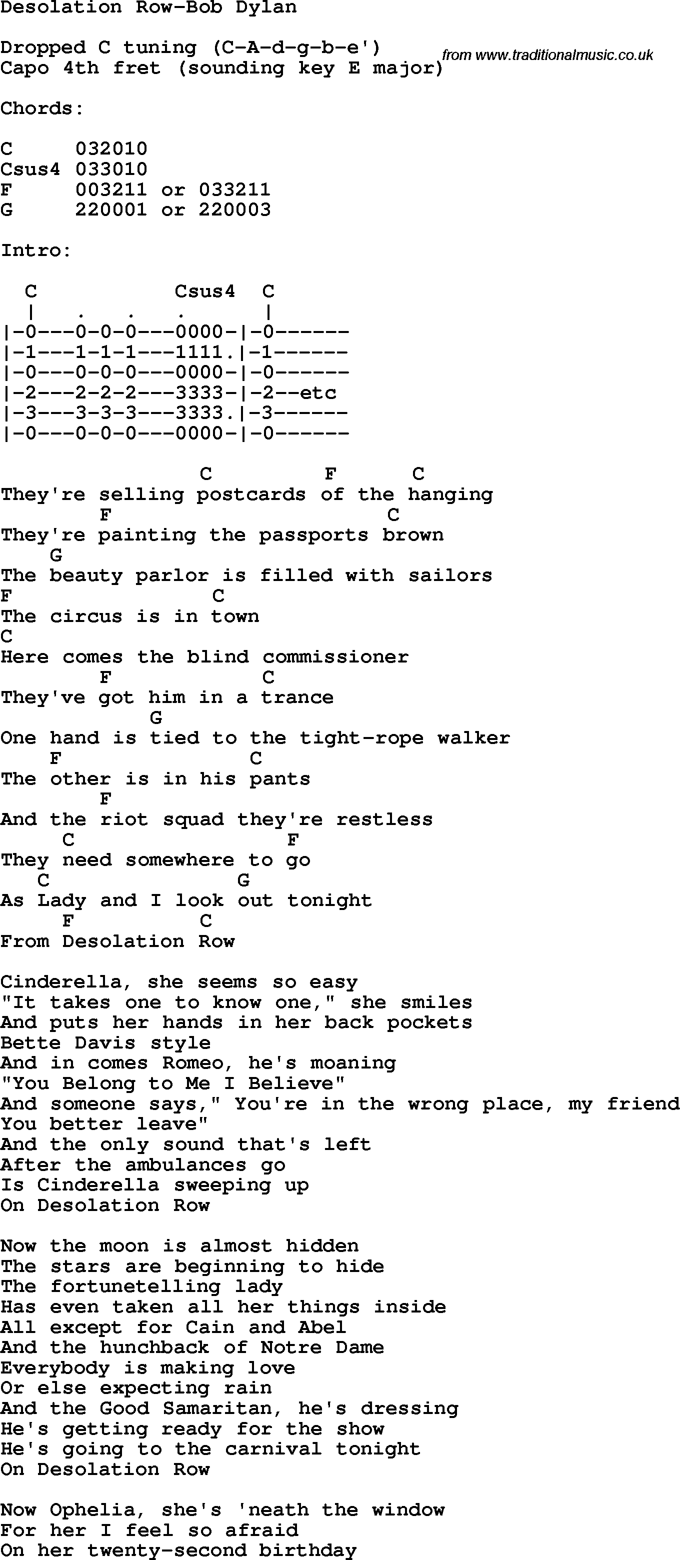 Protest Song Desolation Row-Bob Dylan lyrics and chords