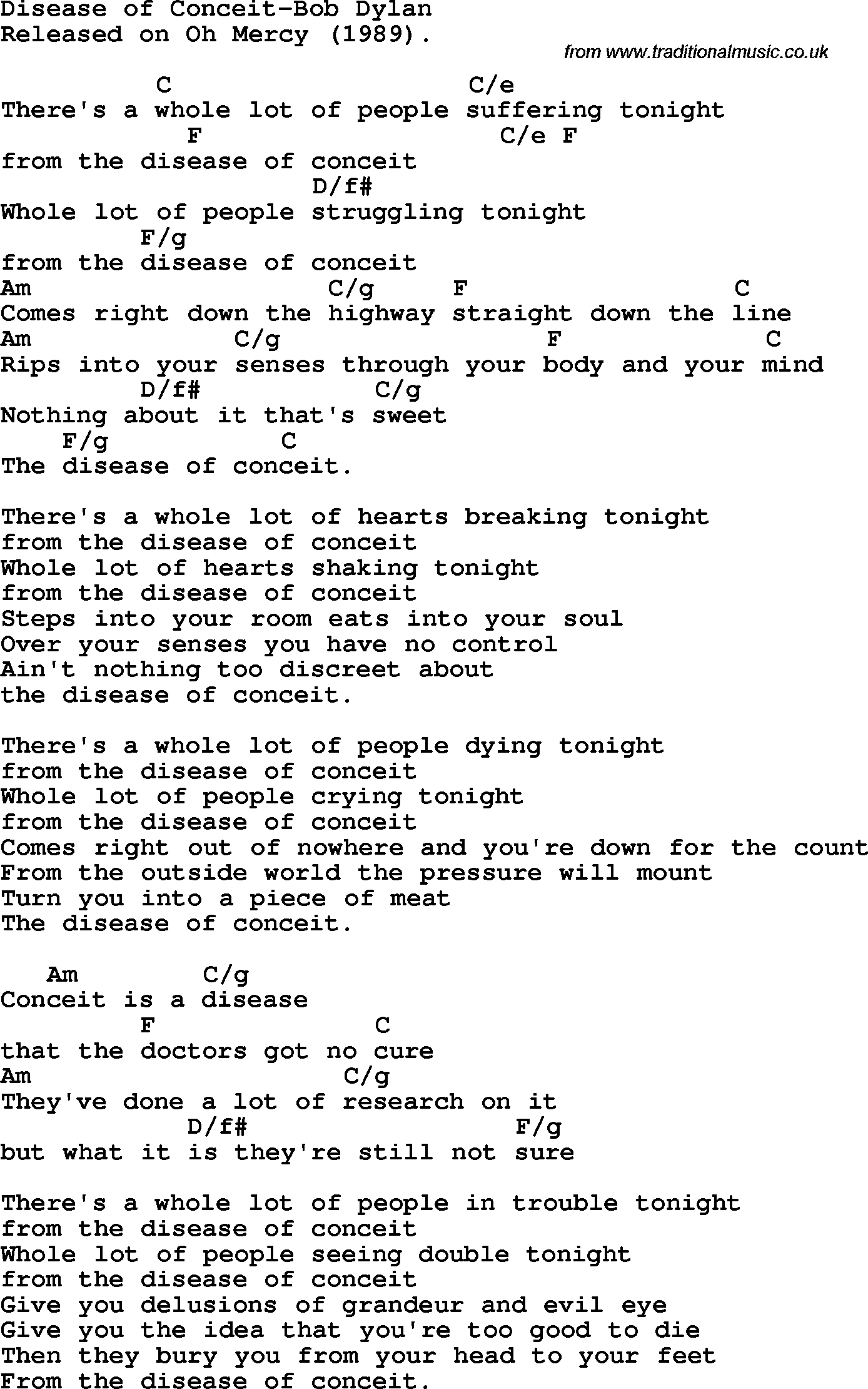 Protest Song Disease Of Conceit-Bob Dylan lyrics and chords