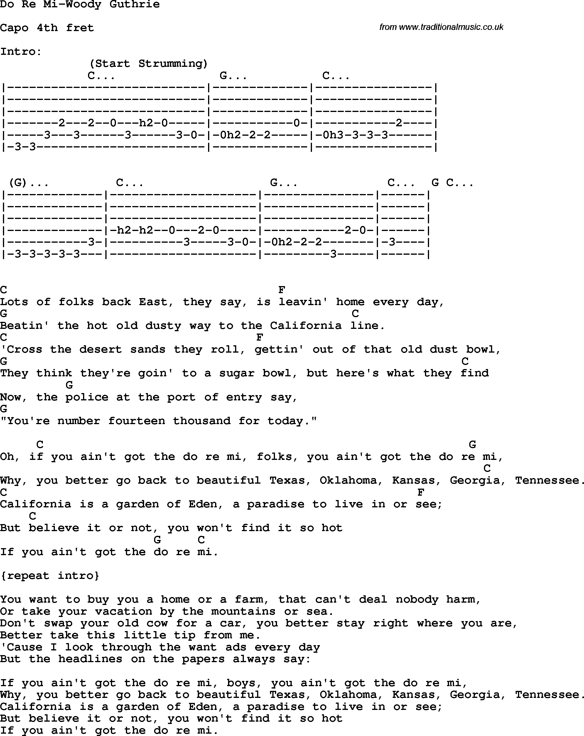 Protest Song Do Re Mi-Woody Guthrie lyrics and chords