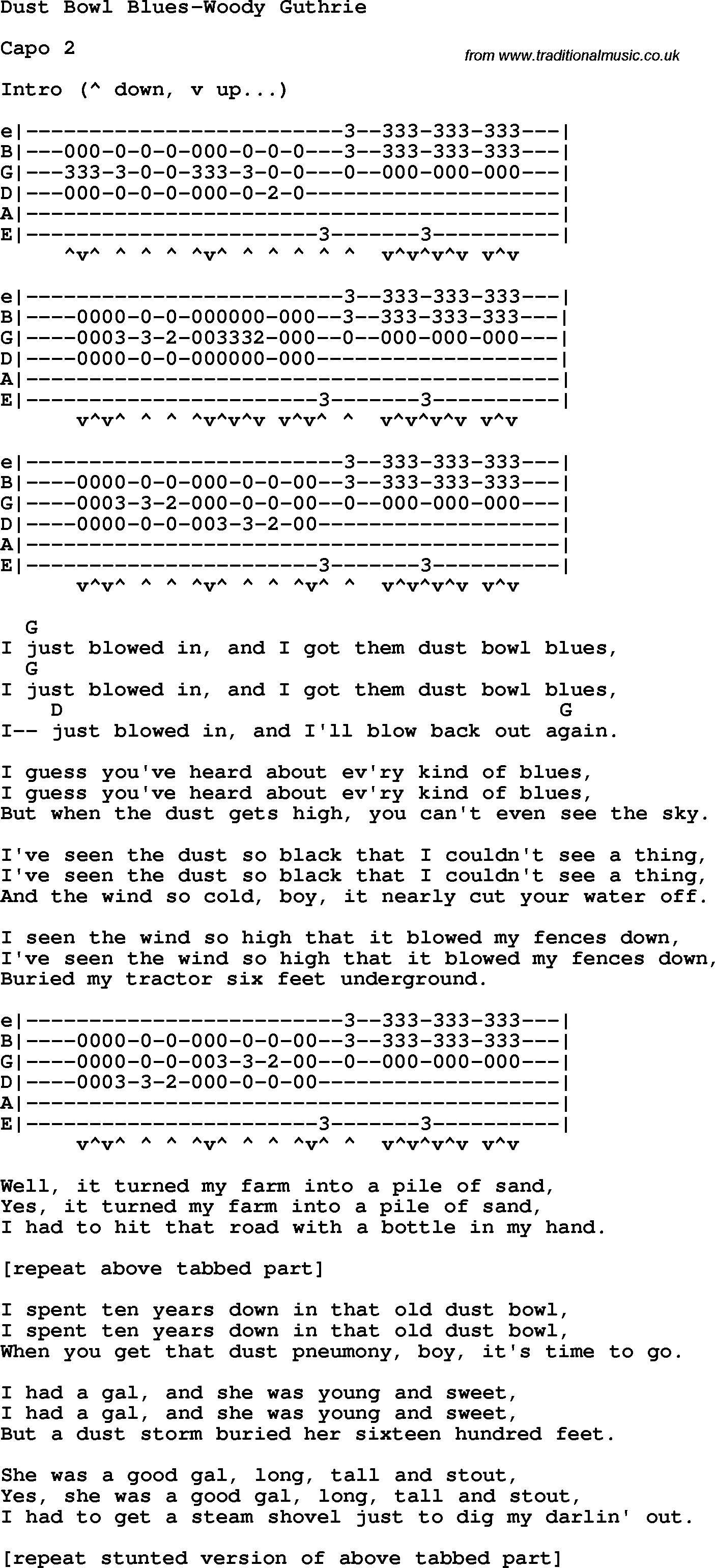 Protest Song Dust Bowl Blues-Woody Guthrie lyrics and chords