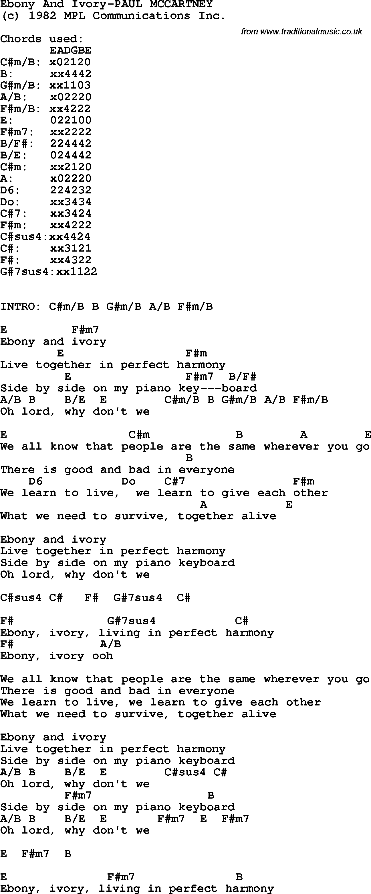 Protest Song Ebony And Ivory-Paul McCartney lyrics and chords