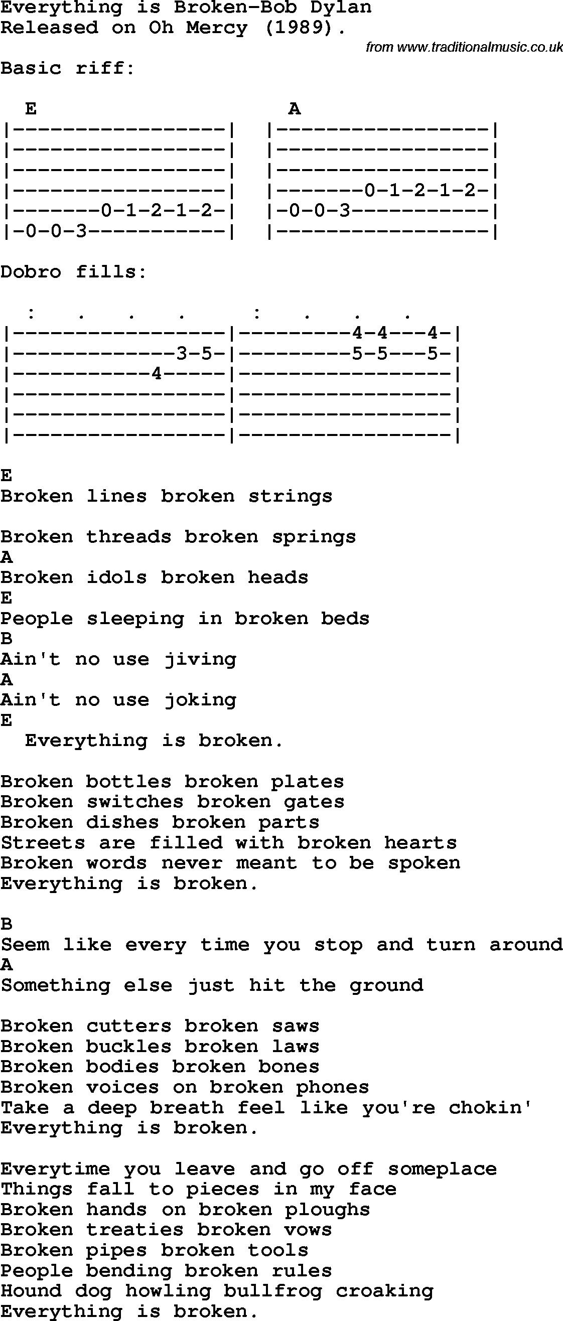 Protest Song Everything Is Broken-Bob Dylan lyrics and chords