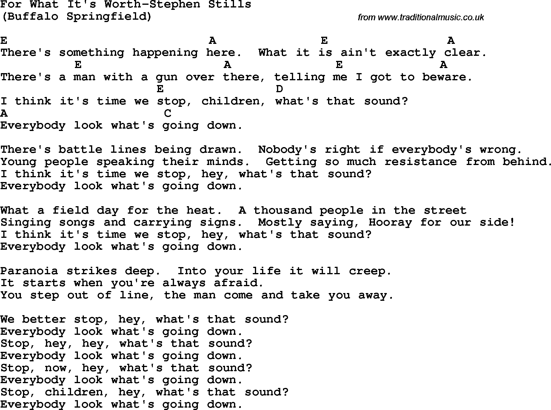 Protest Song For What It's Worth-Stephen Stills lyrics and chords