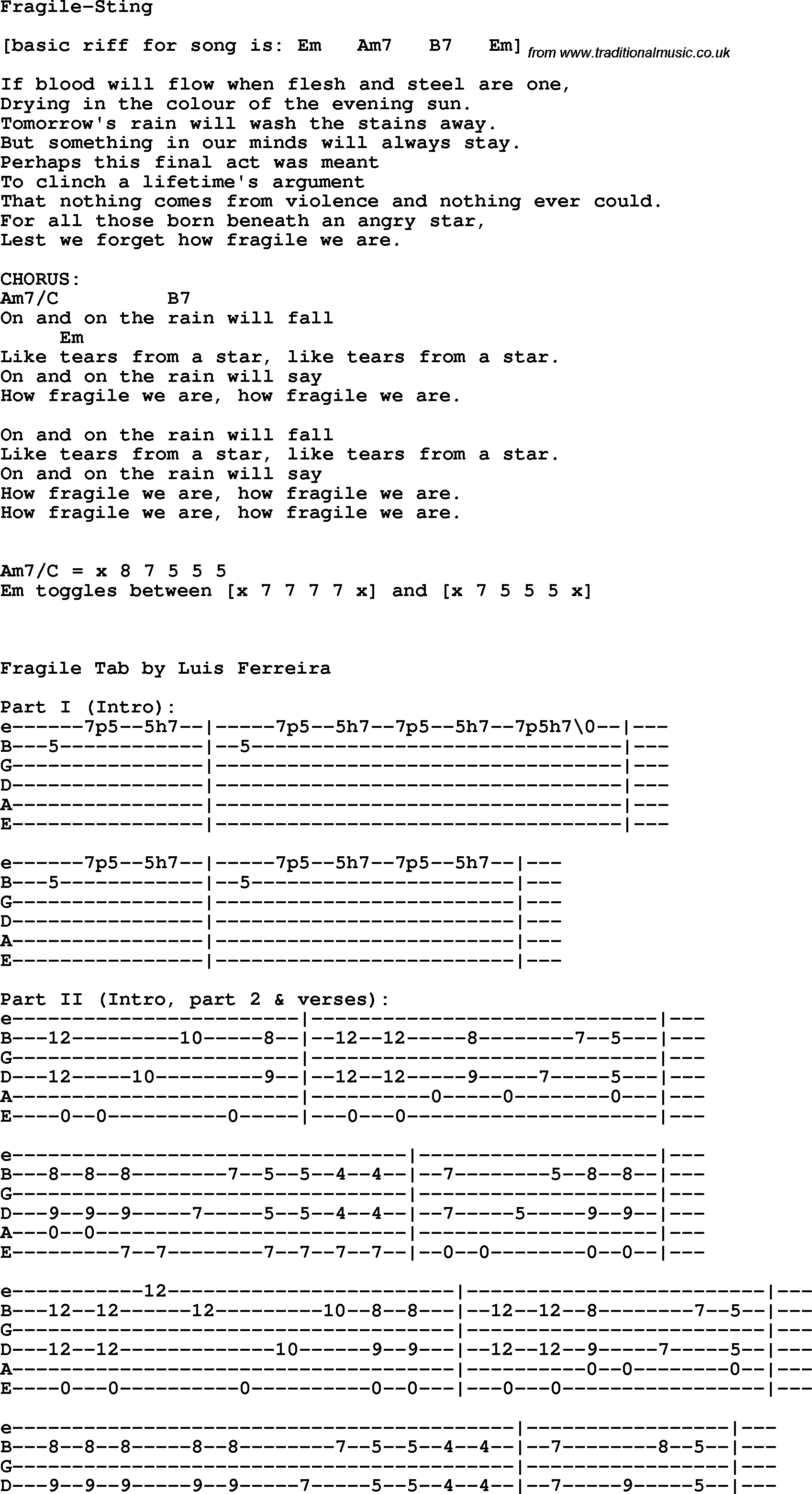 Protest Song Fragile-Sting lyrics and chords