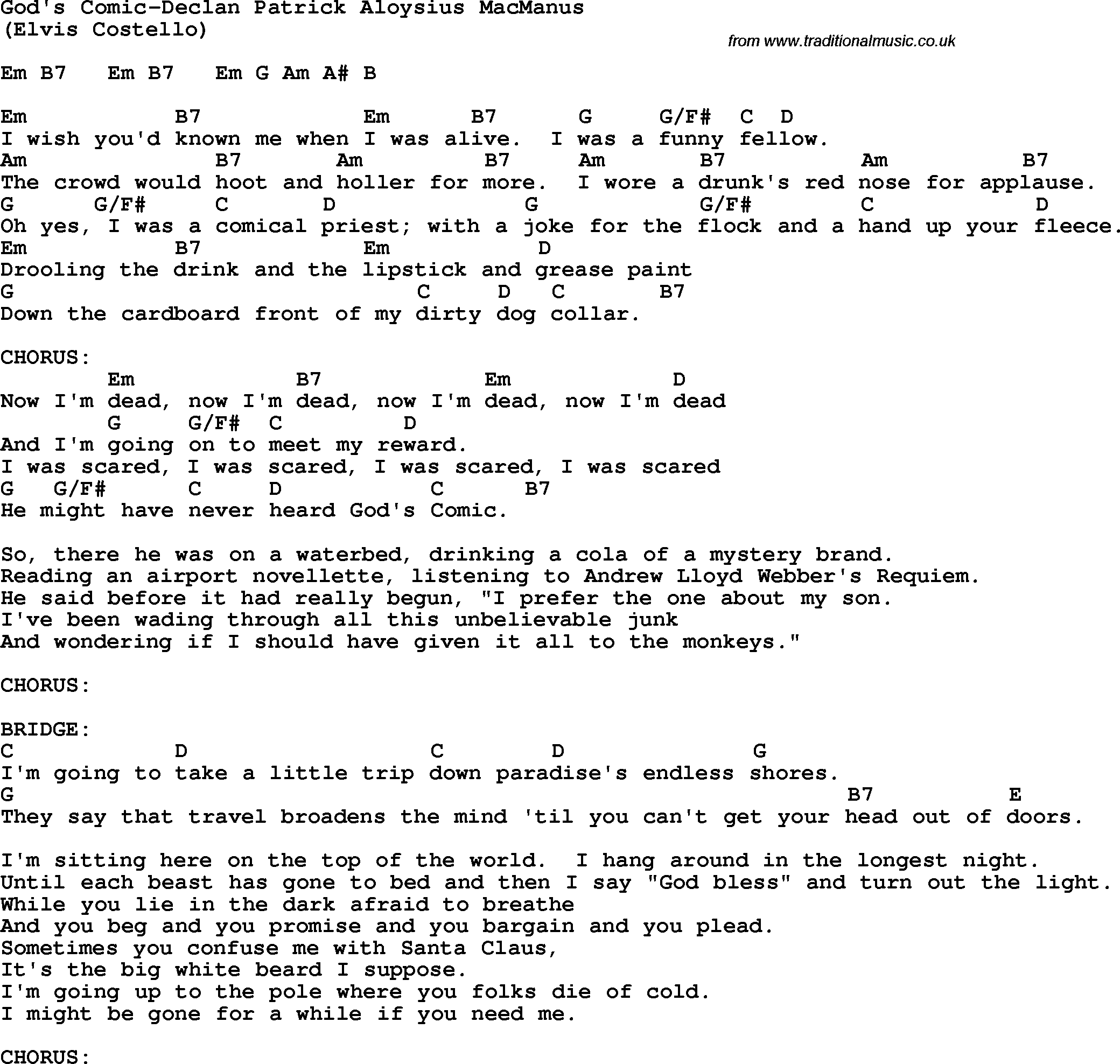 Protest Song God's Comic-Declan Patrick Aloysius Macmanus lyrics and chords