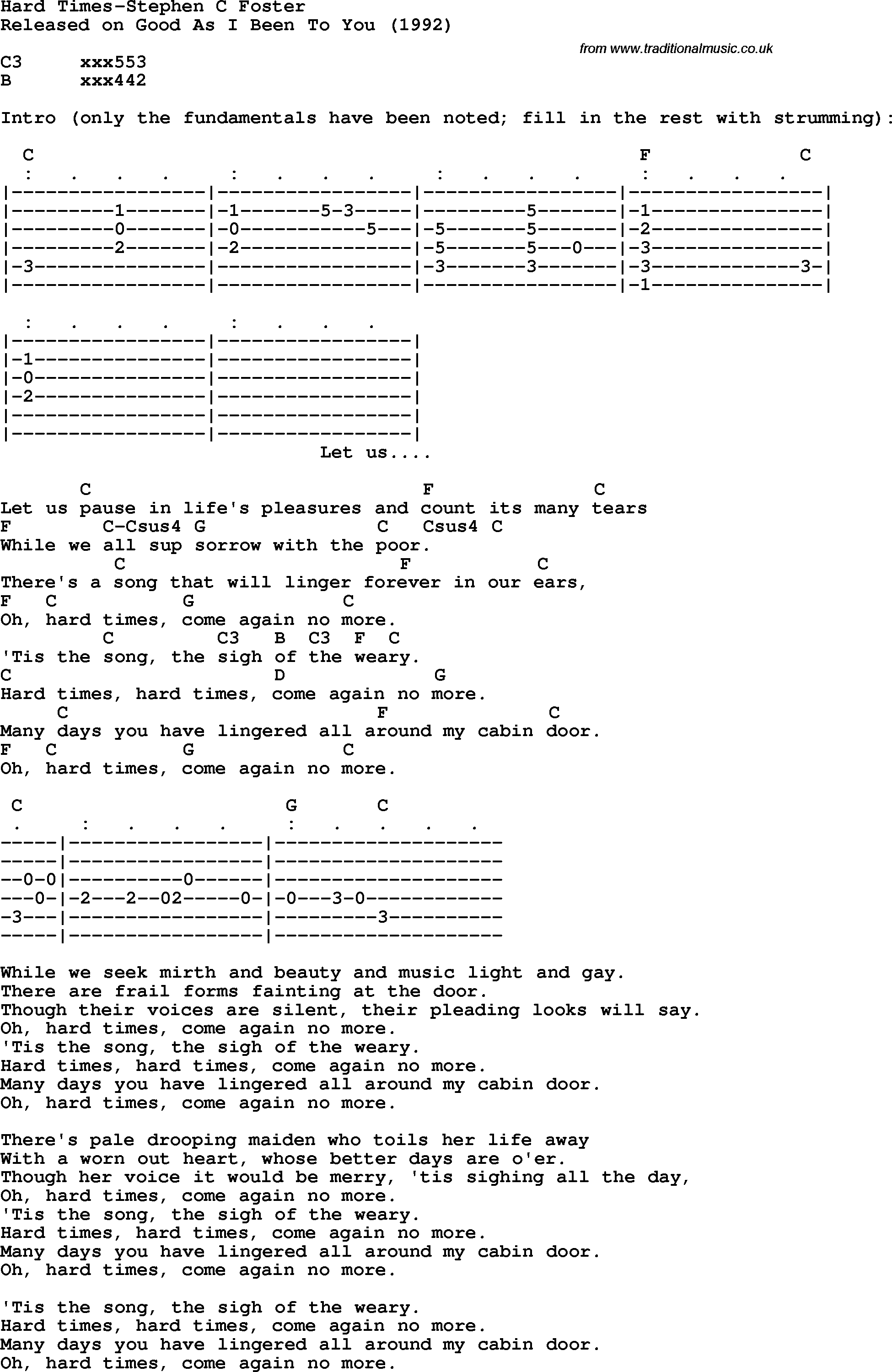 Protest Song Hard Times-Stephen C Foster lyrics and chords