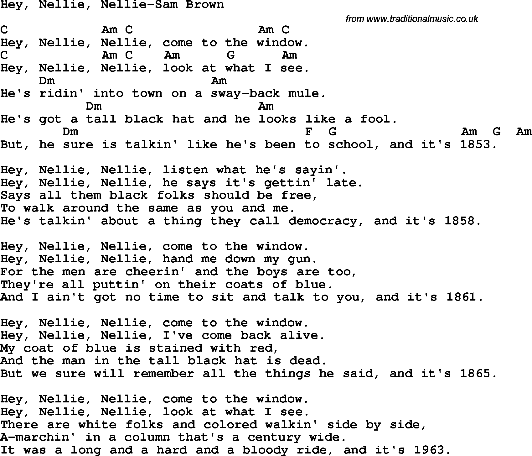 Protest Song Hey, Nellie, Nellie-Sam Brown lyrics and chords