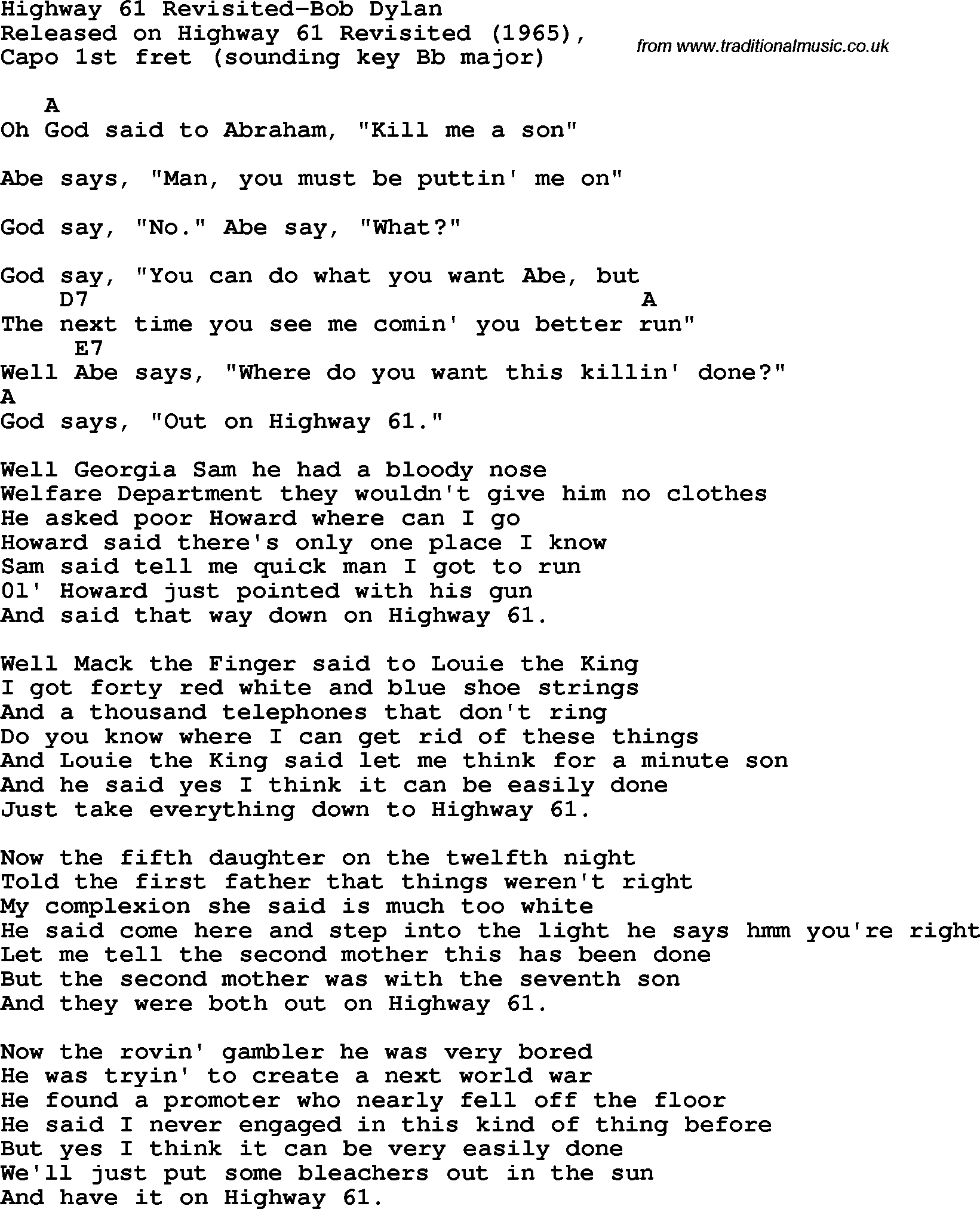 Protest Song Highway 61 Revisited-Bob Dylan lyrics and chords