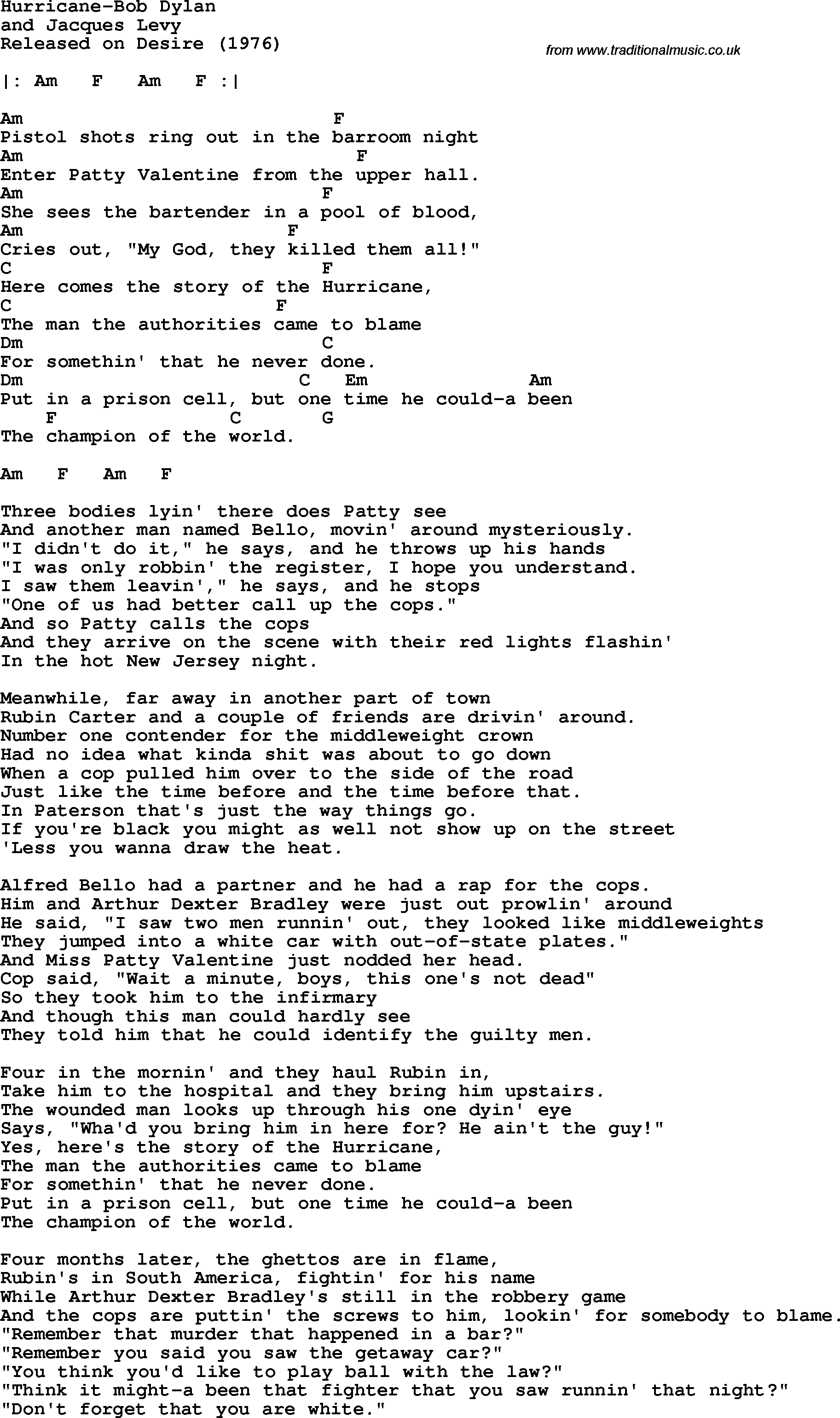 Protest Song Hurricane-Bob Dylan lyrics and chords