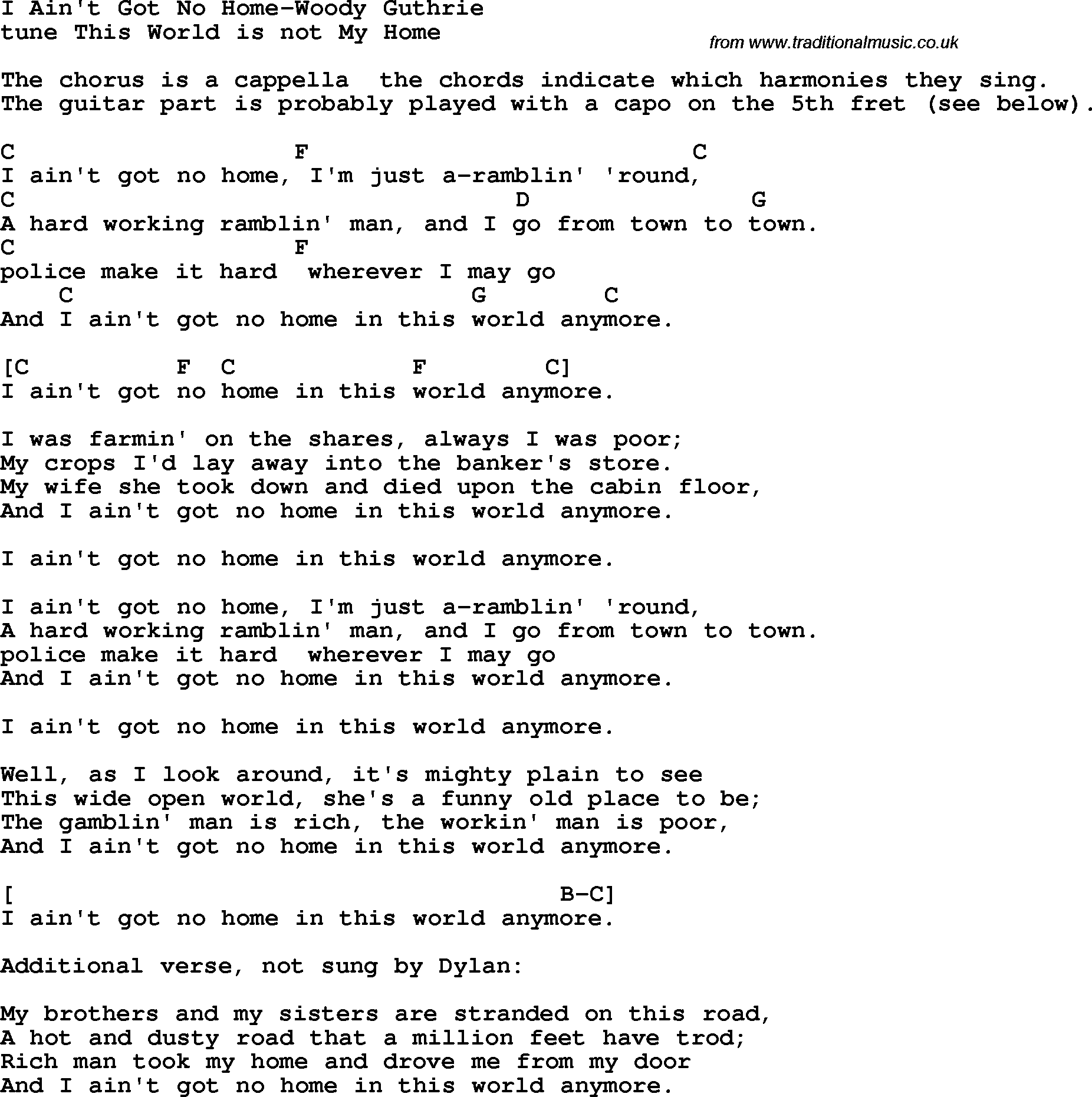 Protest Song I Ain't Got No Home-Woody Guthrie lyrics and chords