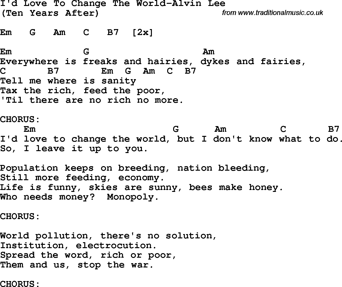Protest Song I'd Love To Change The World-Alvin Lee lyrics and chords