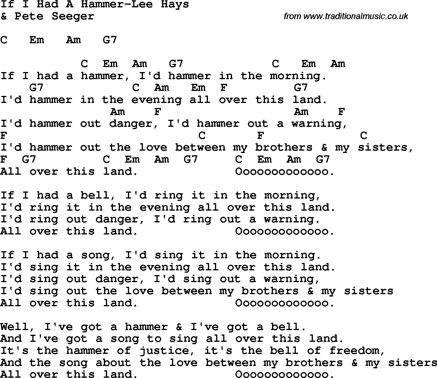 Protest Song If I Had A Hammer-Lee Hays lyrics and chords