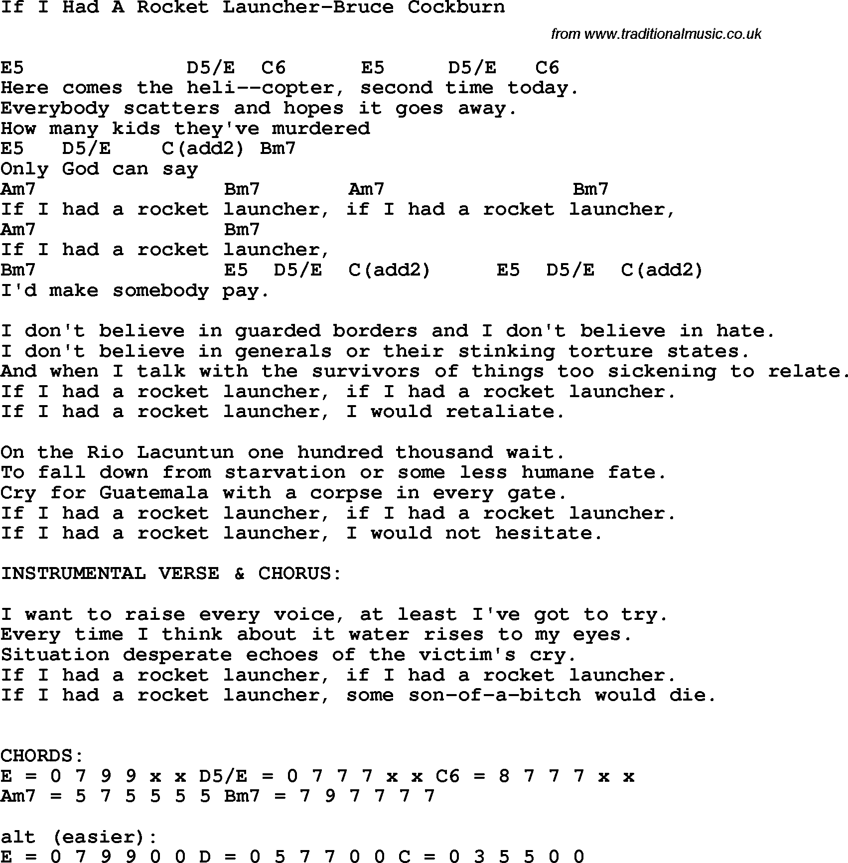 Protest Song If I Had A Rocket Launcher-Bruce Cockburn lyrics and chords