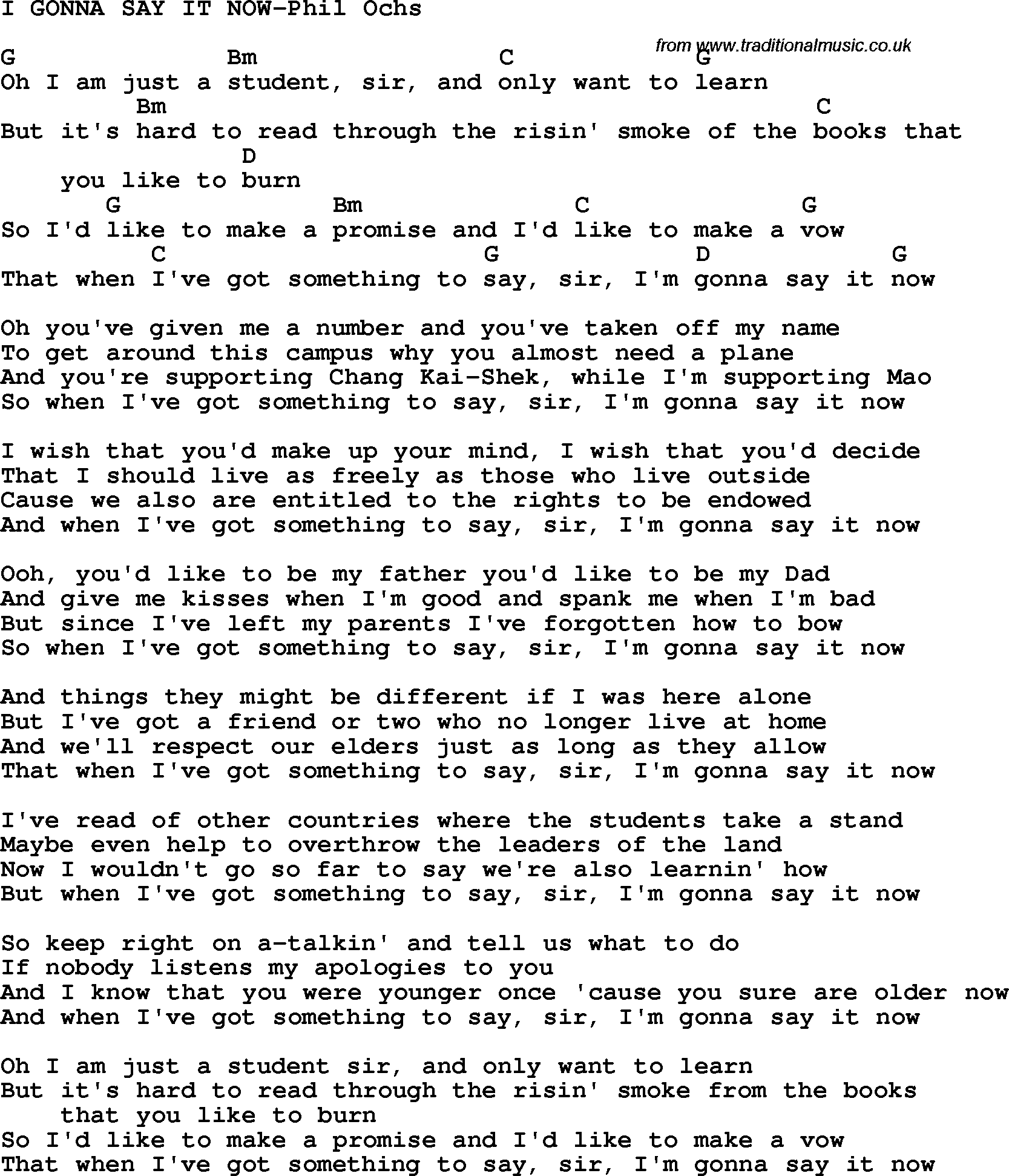 Protest Song I Gonna Say It Now-Phil Ochs lyrics and chords