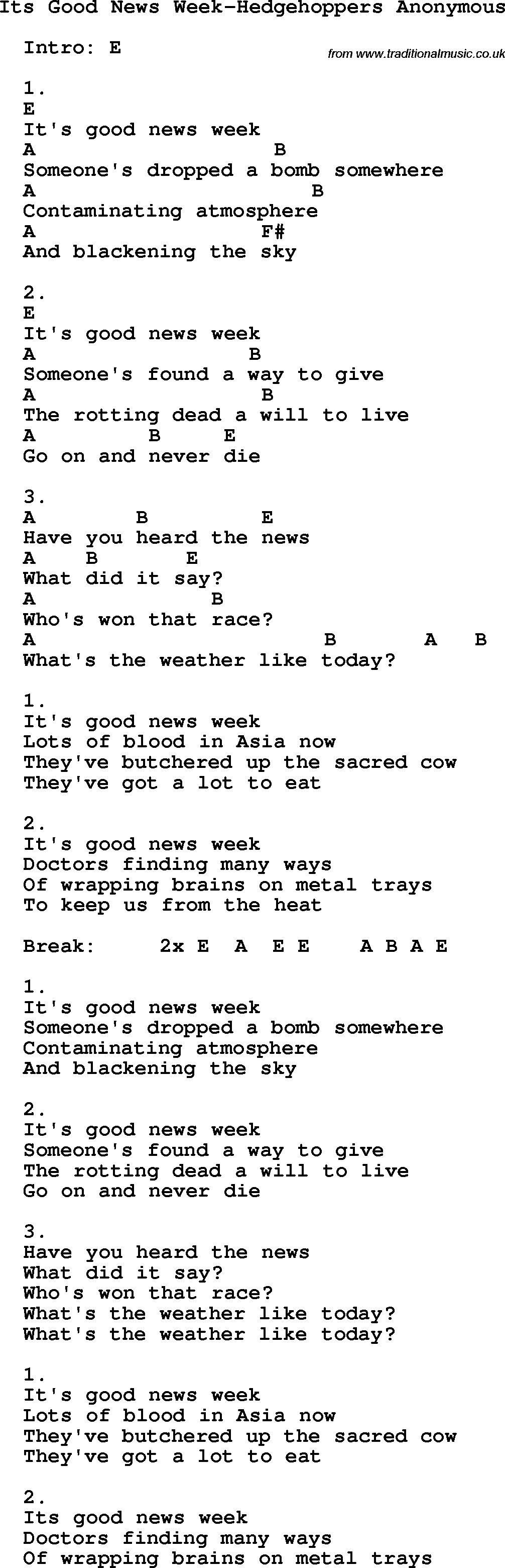 Protest Song Its Good News Week-Hedgehoppers Anonymous lyrics and chords