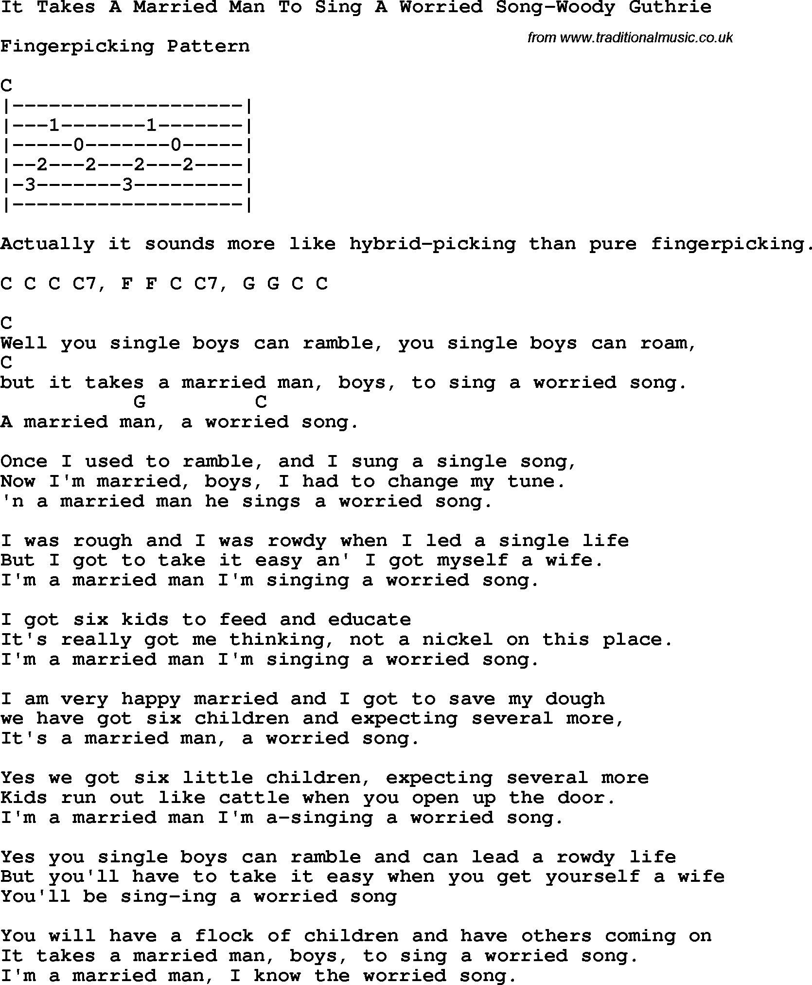 Protest Song It Takes A Married Man To Sing A Worried Song-Woody Guthrie lyrics and chords