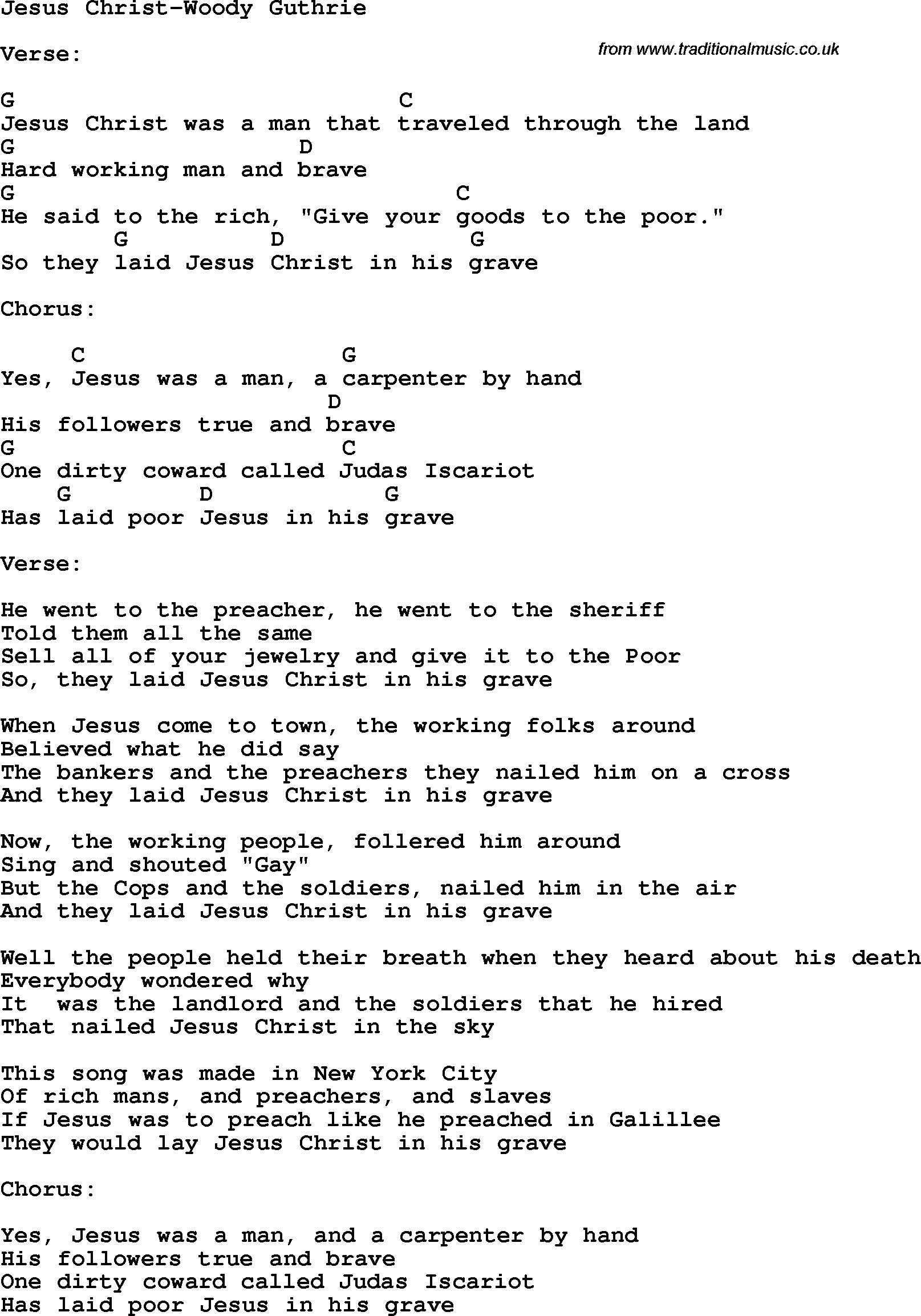 Protest Song Jesus Christ-Woody Guthrie lyrics and chords