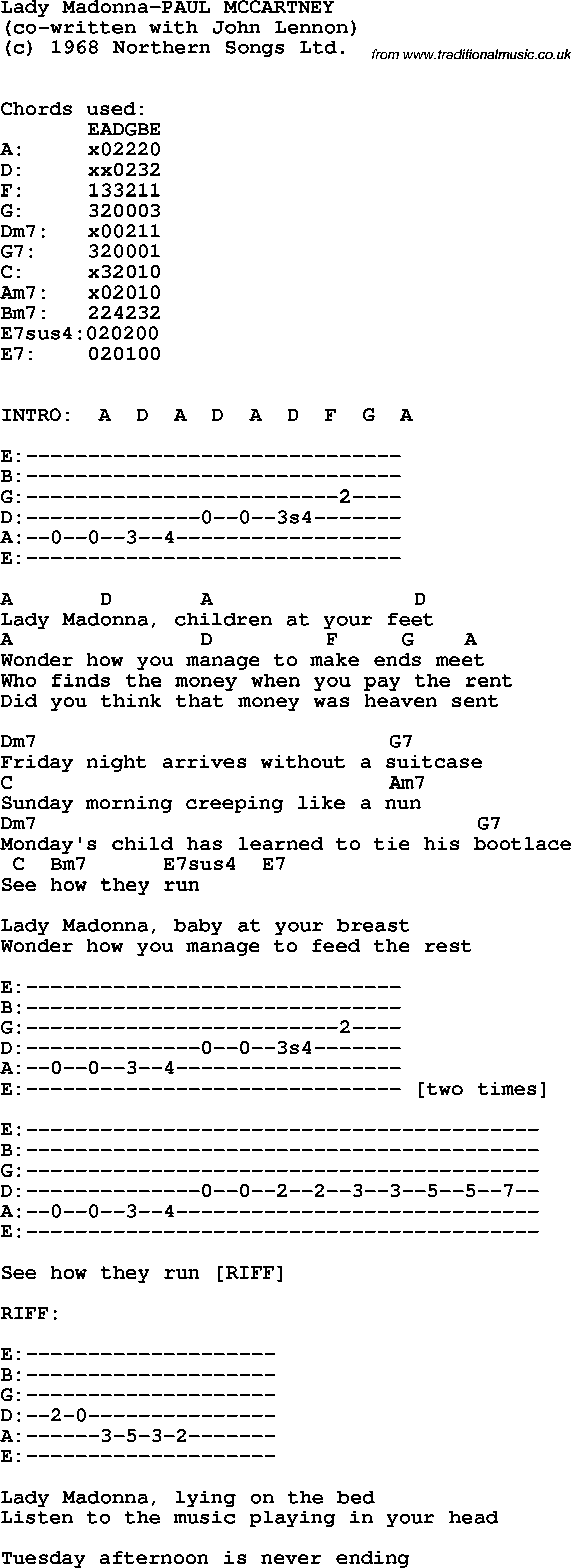 Protest Song Lady Madonna-Paul McCartney lyrics and chords