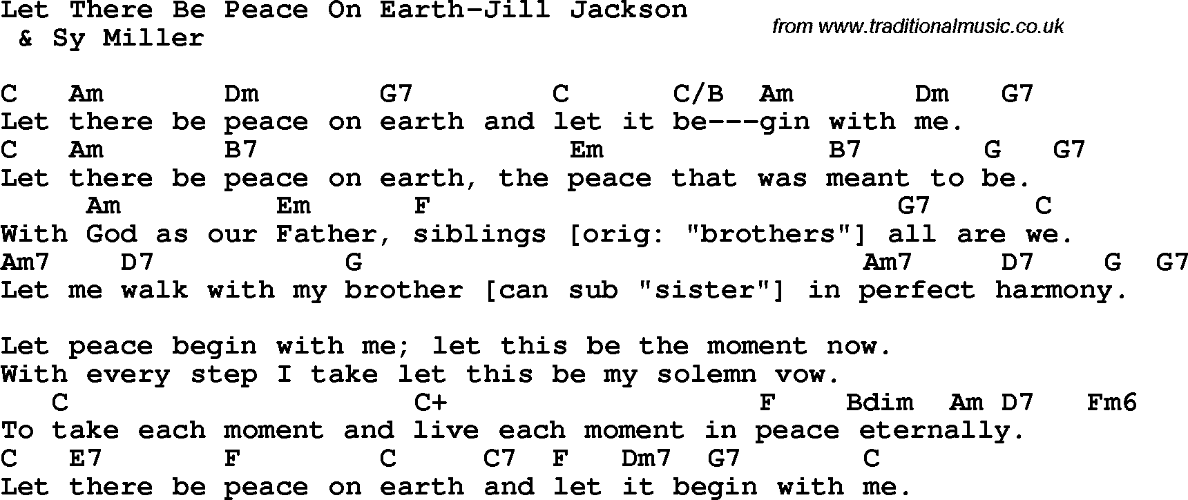 Protest Song Let There Be Peace On Earth-Jill Jackson lyrics and chords