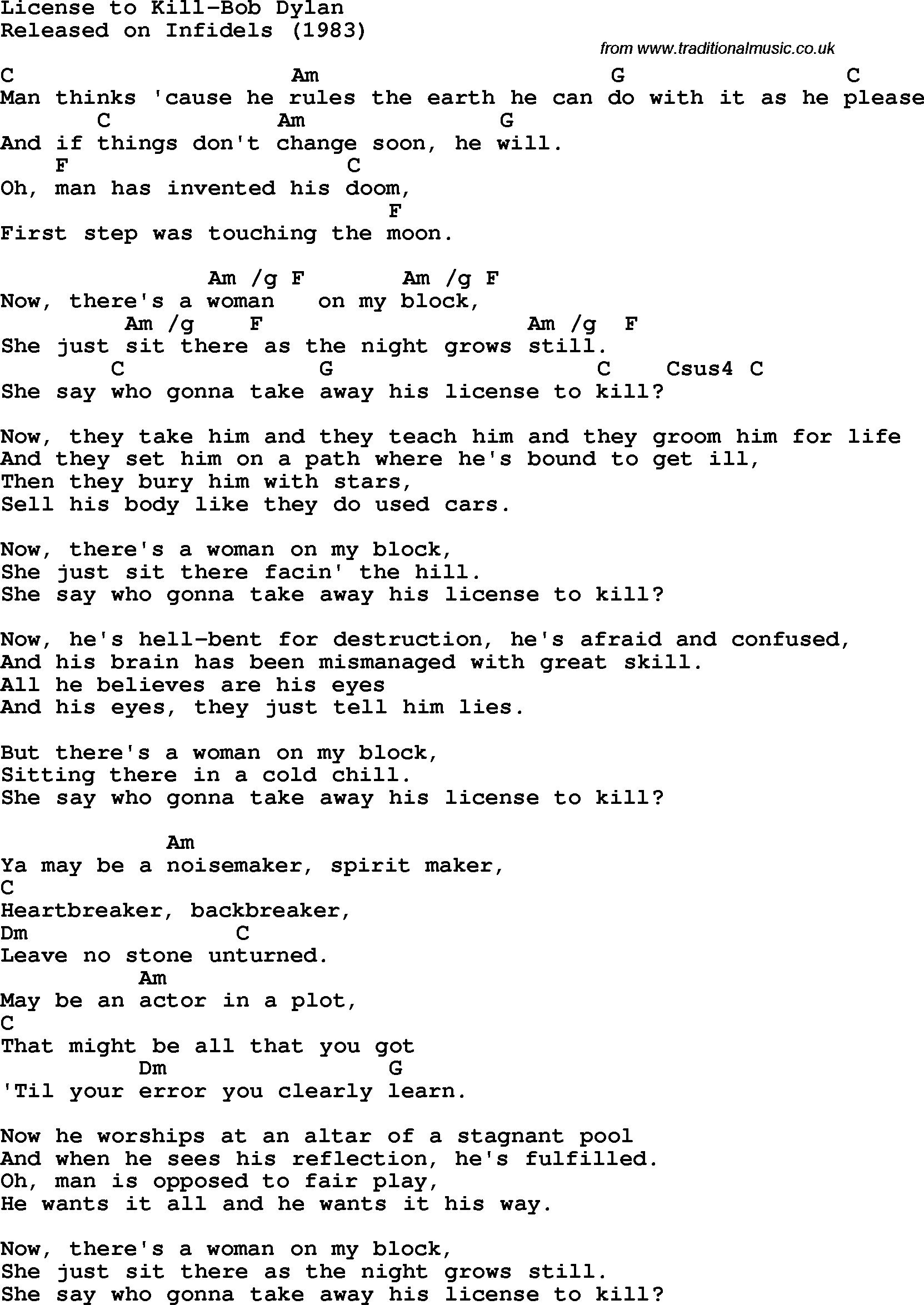 Protest Song License To Kill-Bob Dylan lyrics and chords