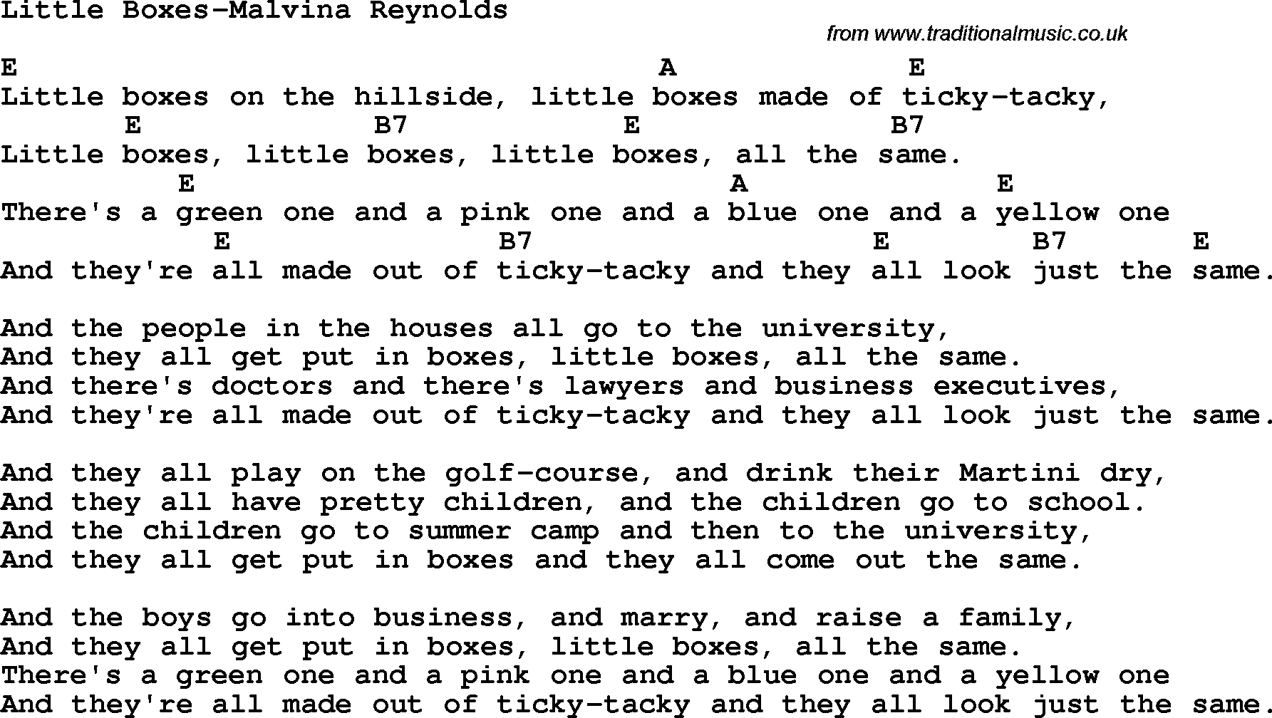 Protest Song Little Boxes-Malvina Reynolds lyrics and chords