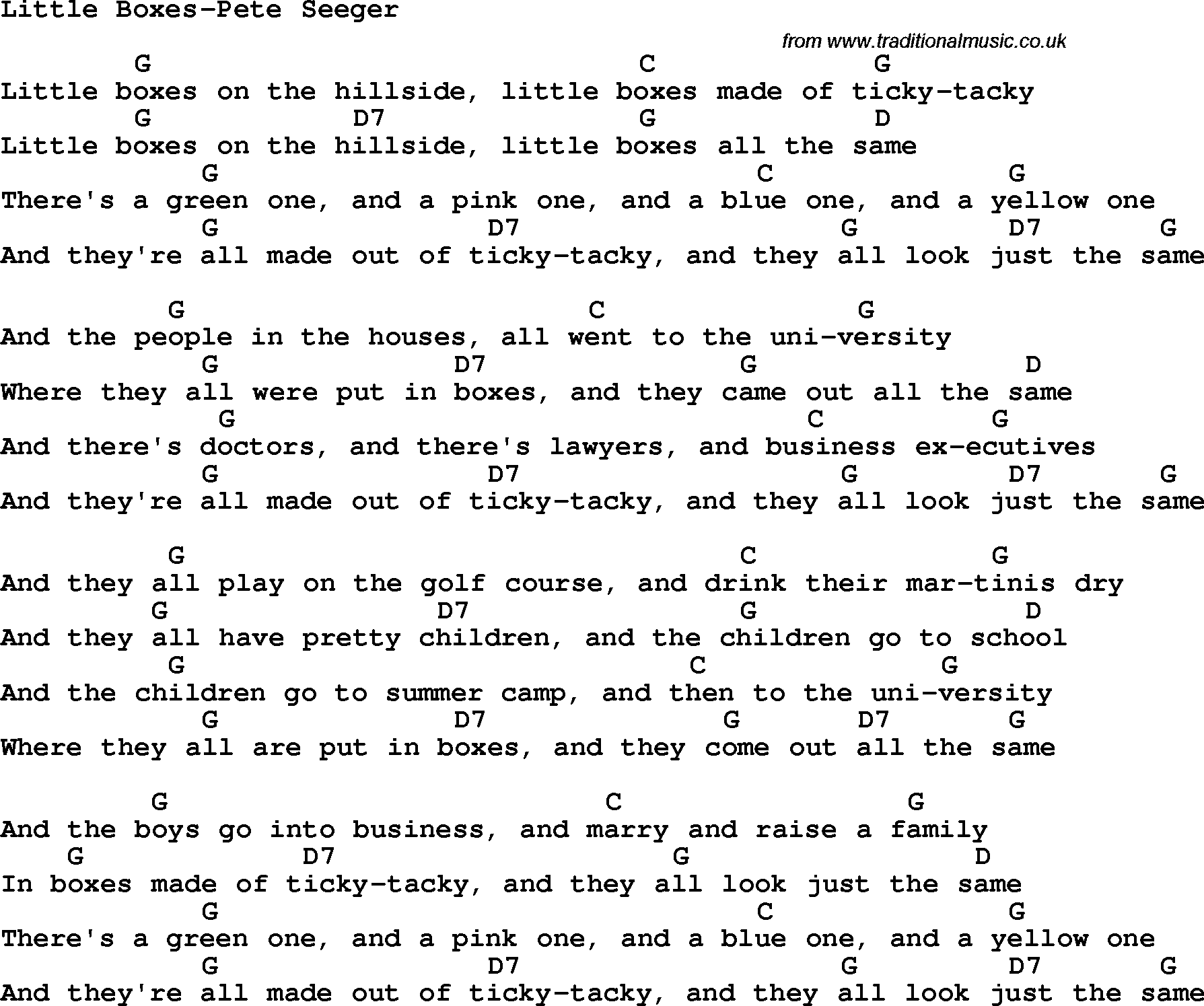 Protest Song Little Boxes-Pete Seeger lyrics and chords