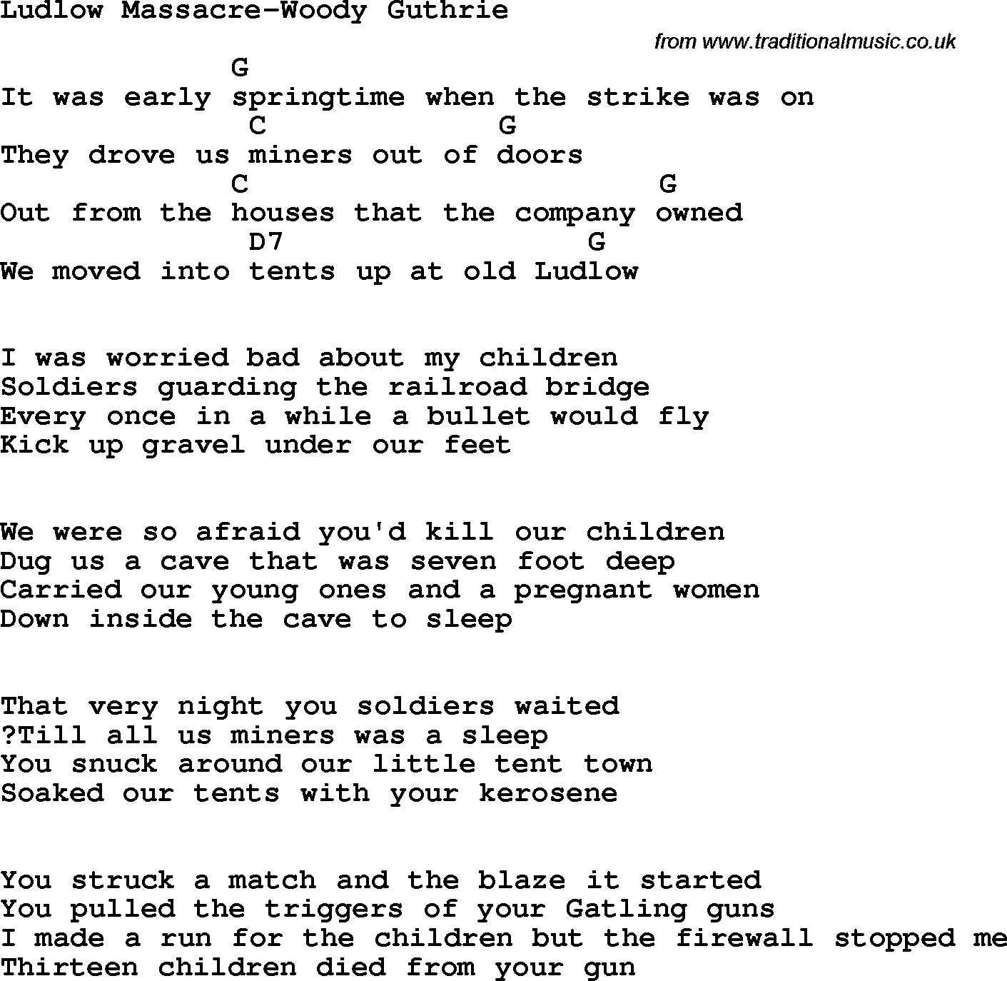 Protest Song Ludlow Massacre-Woody Guthrie lyrics and chords